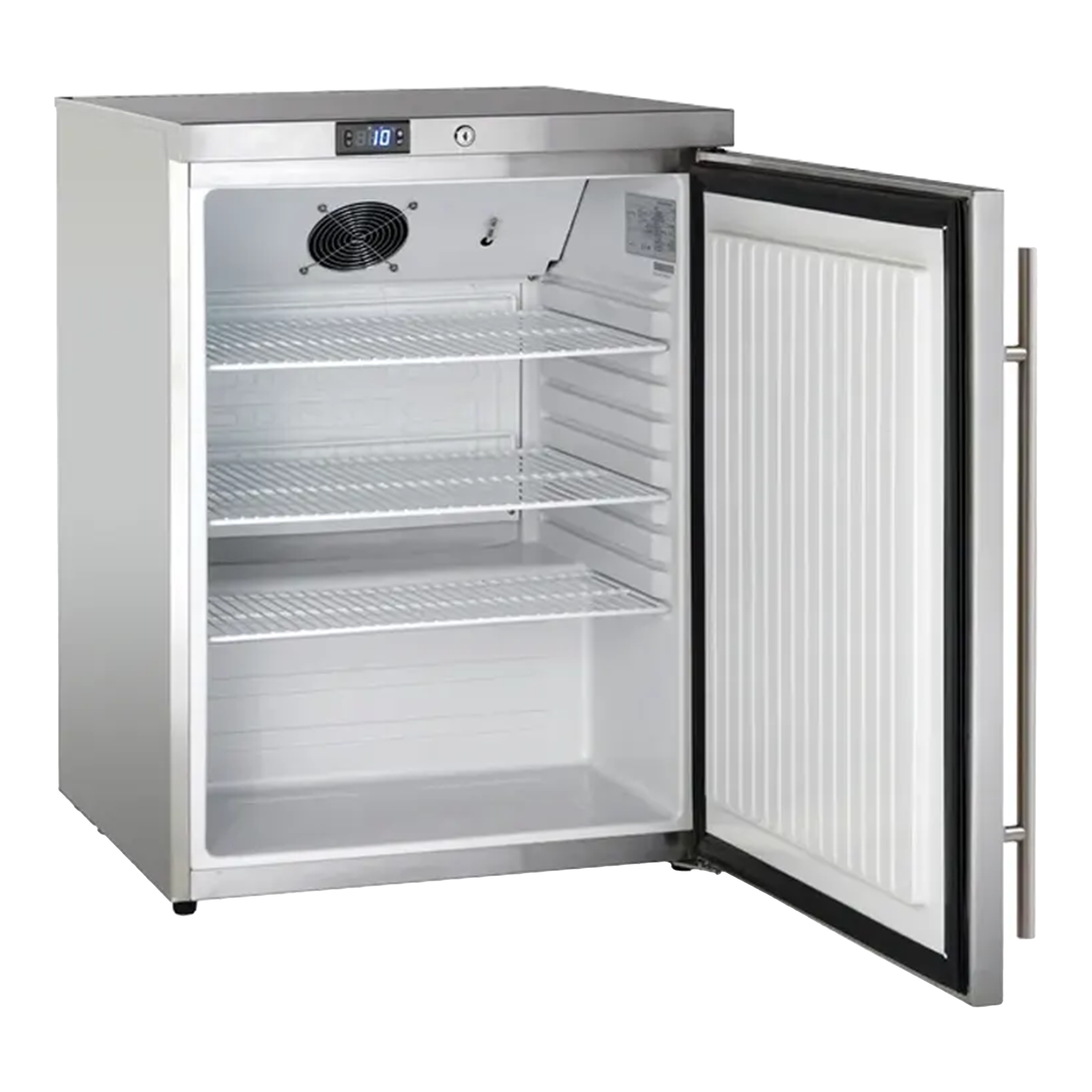 Side view of a 5.4 Cu Ft Stainless Steel Undercounter Outdoor Refrigerator with the door open, revealing three wire shelves inside. A digital thermostat is featured above the door, outside the fridge