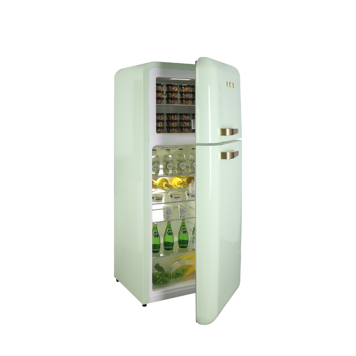 Side view of an 8.4 Cu Ft Mint Green Iconic Retro Fridge With Top Freezer with the door partially open, revealing a fully stocked interior with beverage drinks and food items