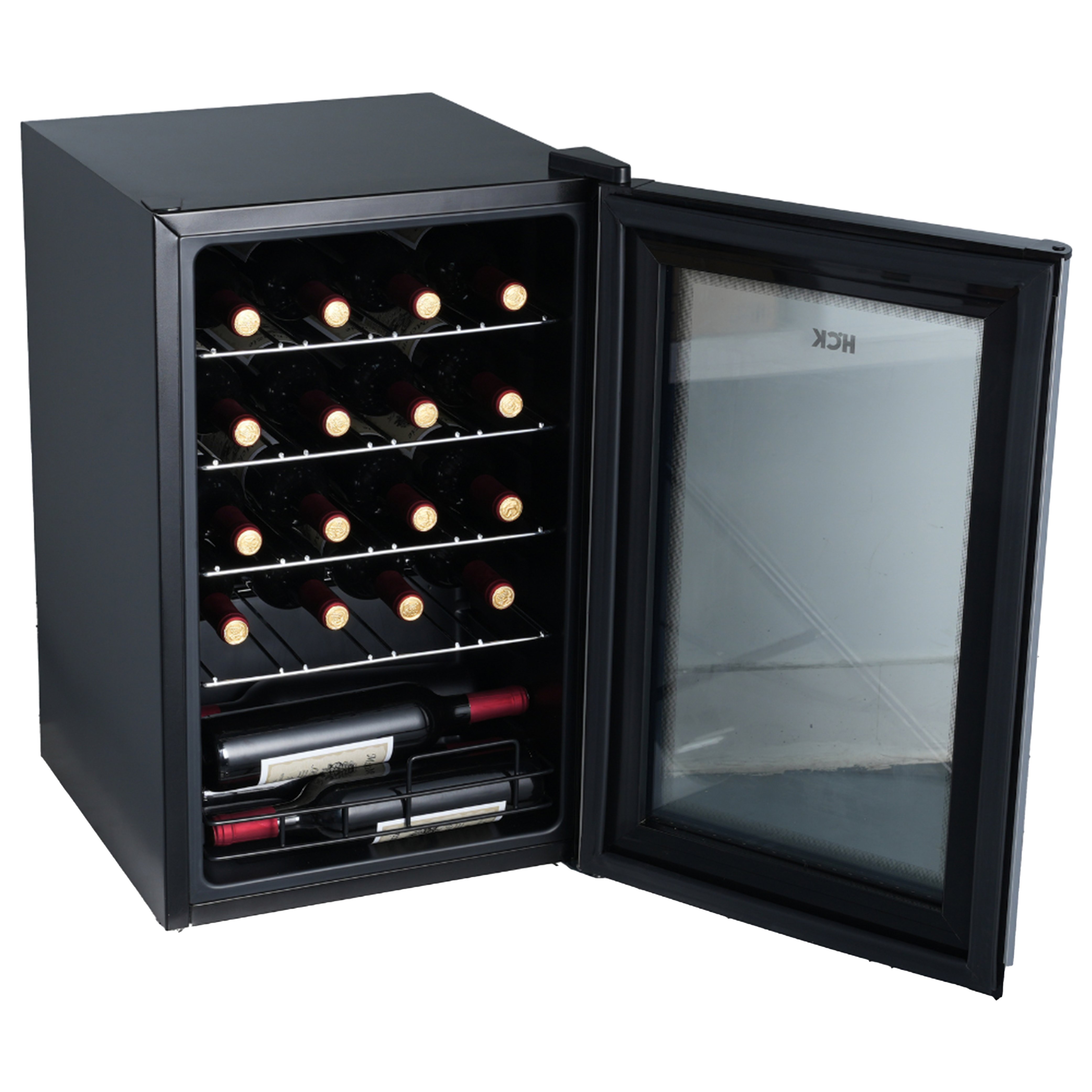 Side view of a 70L Freestanding Dual Zone Wine Fridge 24 Bottles with the door open, showcasing five stainless steel shelves fully stocked with bottles of wine