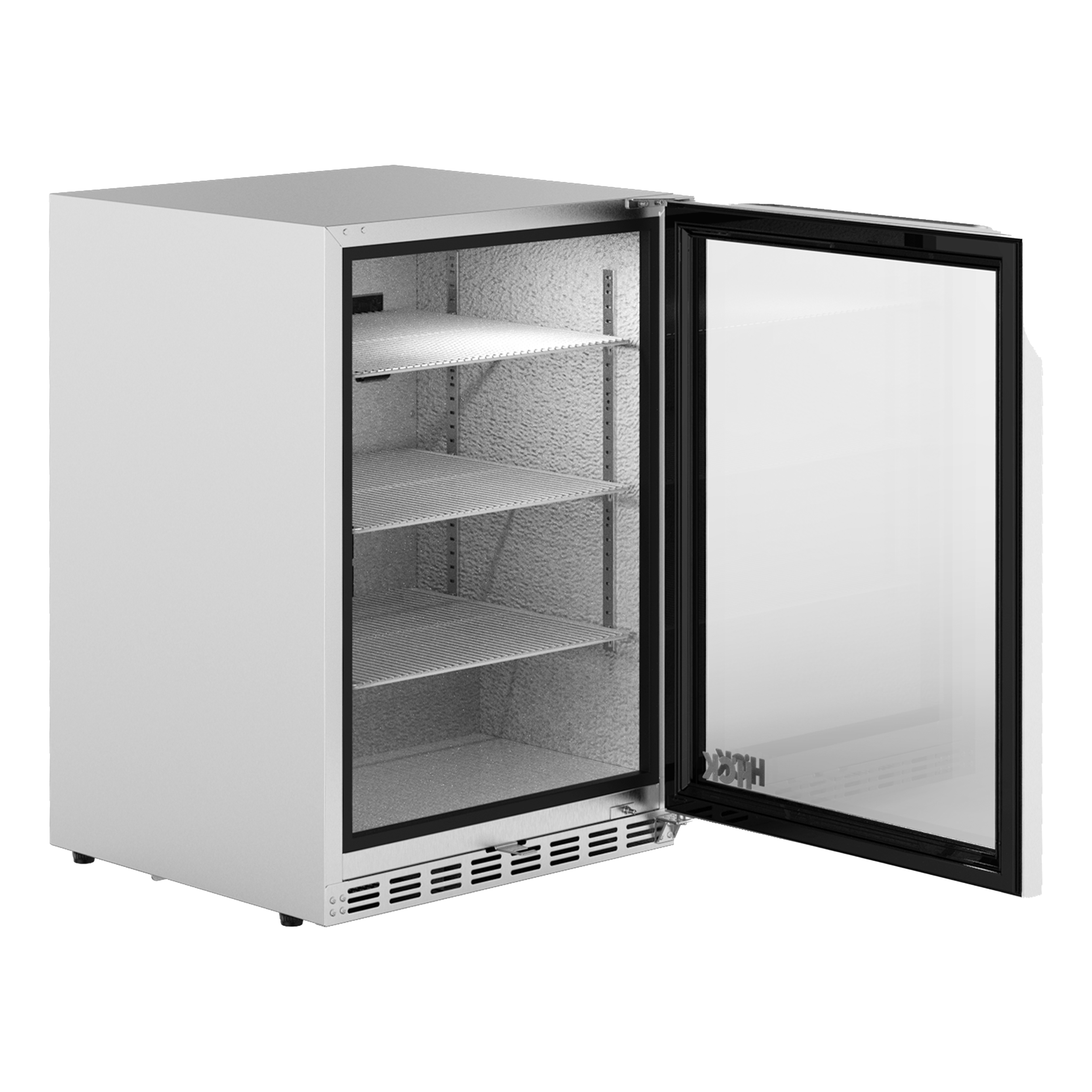 Side view of the 5.12 Cu Ft Beverage Outdoor Refrigerator 132 cans, with the door open revealing its interior space equipped with three wire shelves
