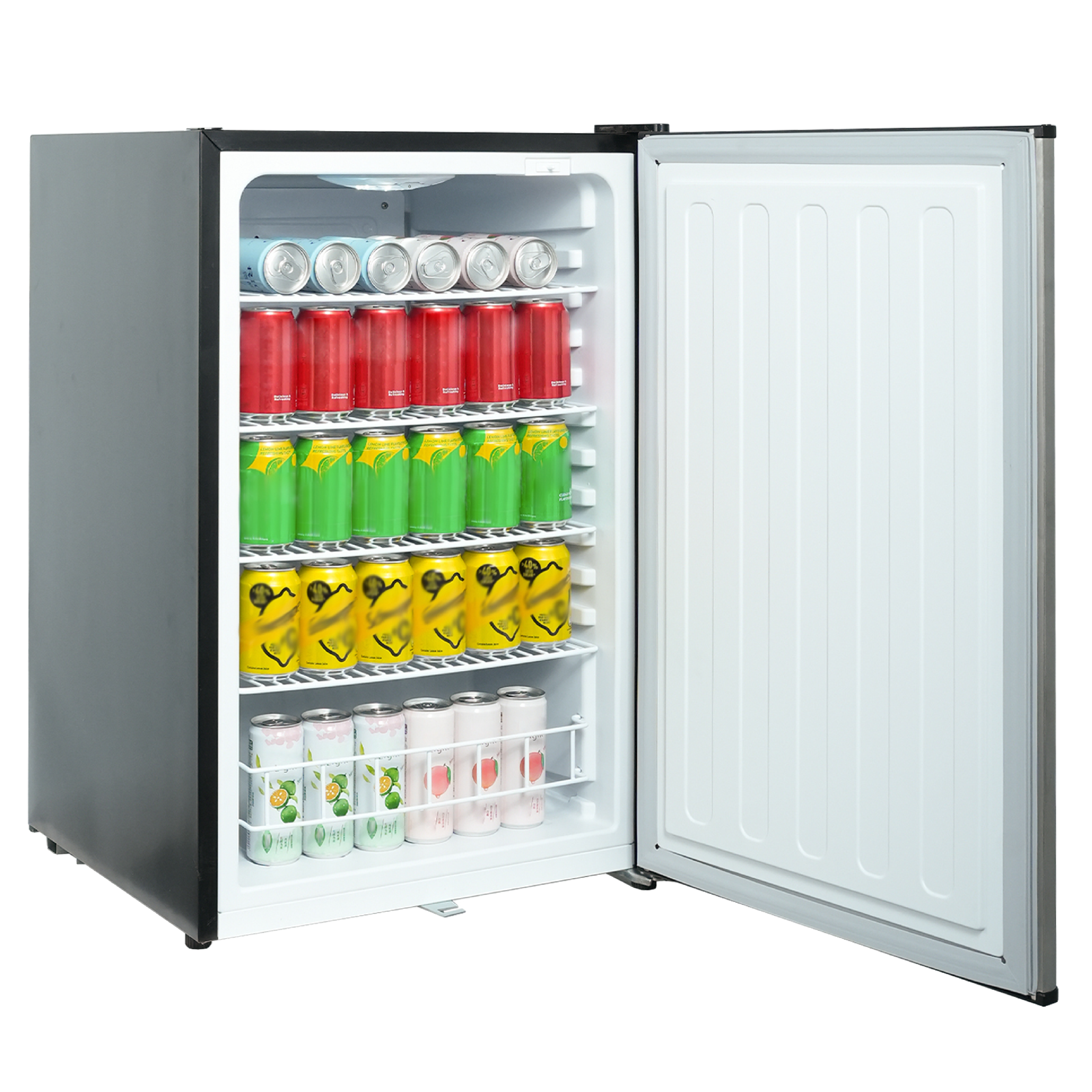 Side view of a 4.1 Cu Ft Stainless Steel Outdoor Beverage Fridge 156 cans with the door open, revealing four shelves and fully stocked with beverage cans