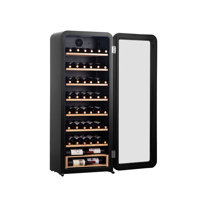 Side view of the 7.3 Cu Ft Wabi Sabi-Black Retro Style Wine Fridge 92 Bottles with the door open, displaying seven wooden shelves fully stocked with bottles of wine