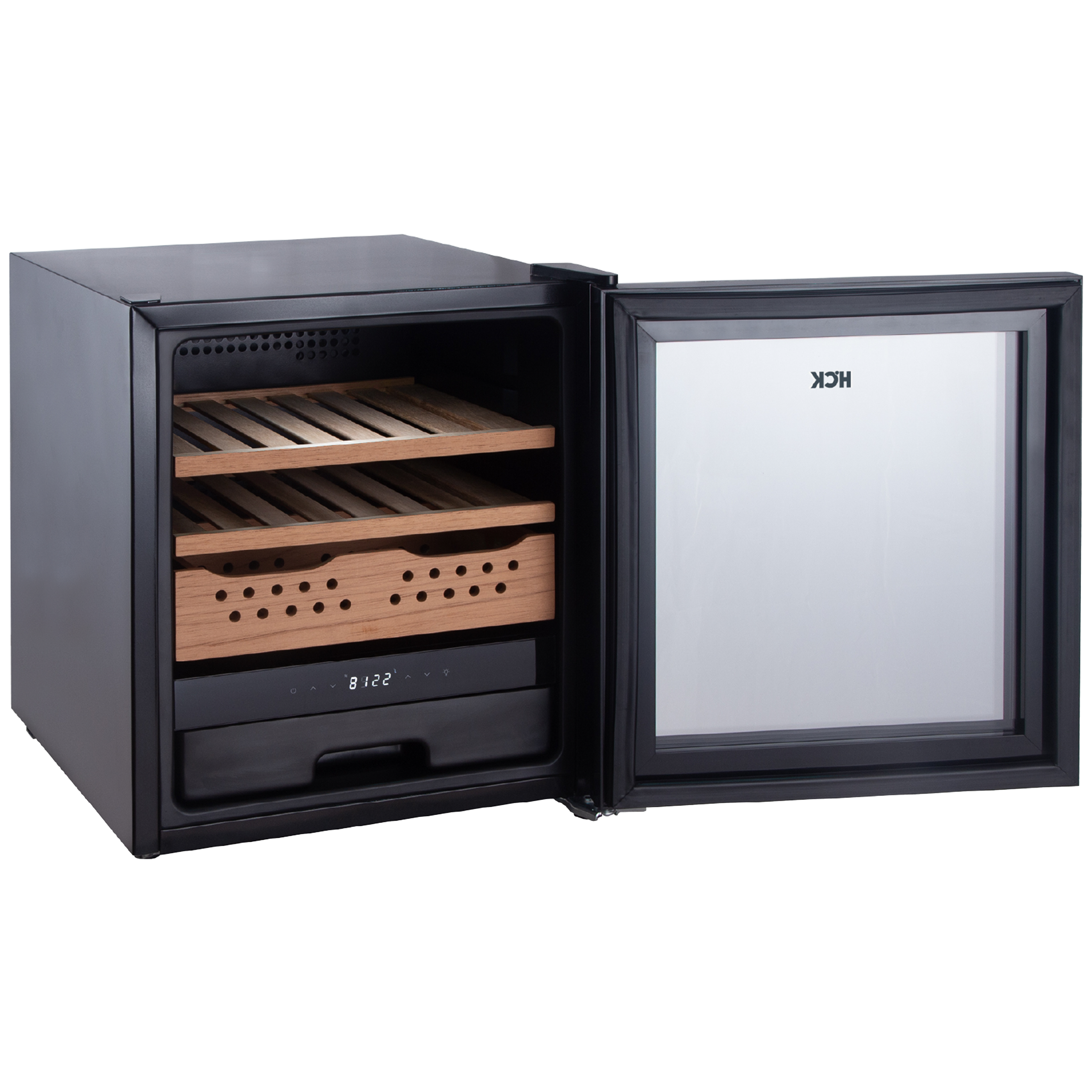 The side view of 1.3 Cu Ft Black Standard Cigar Wine Fridge with the door open