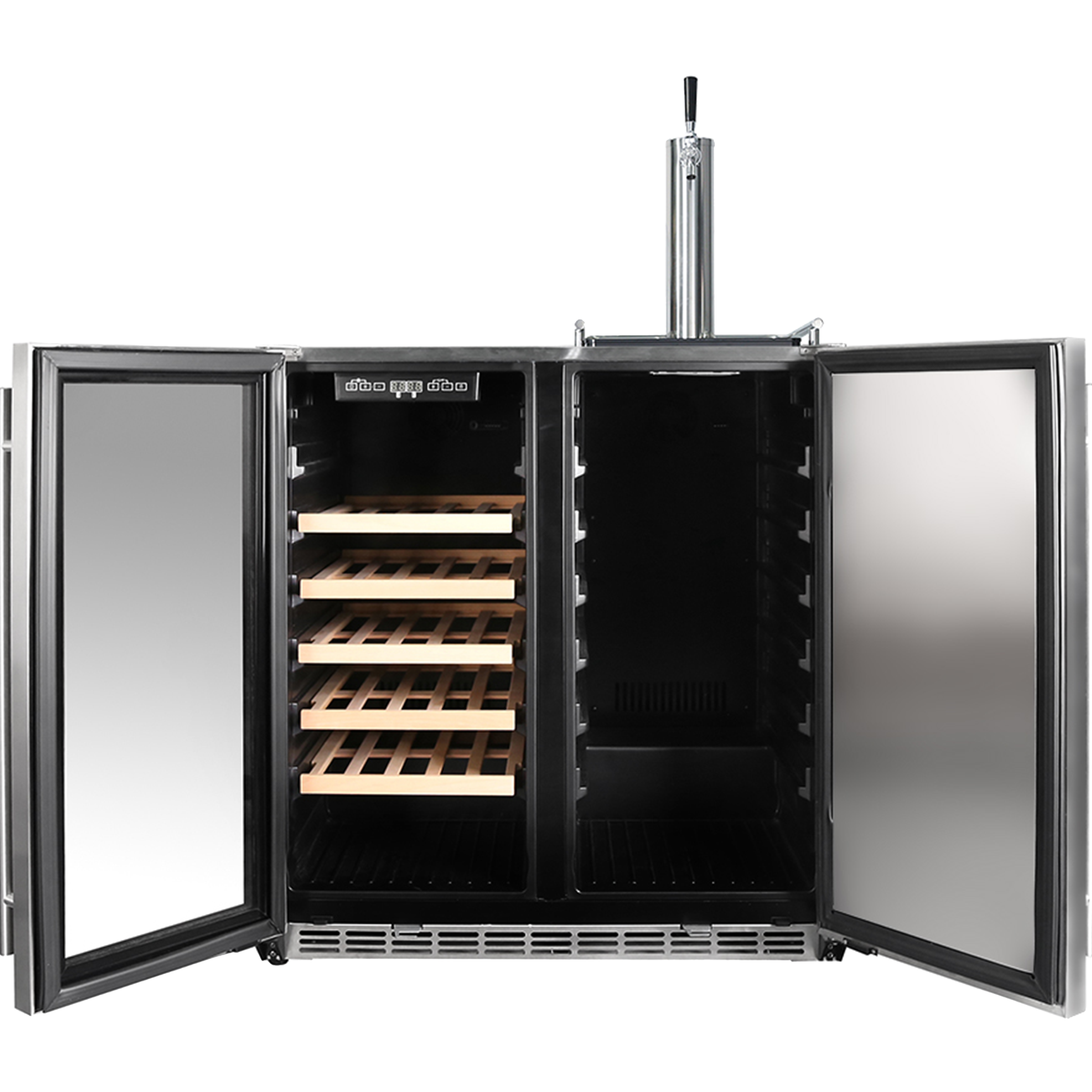 Front view of a 6.3 Cu Ft Wine Outdoor Refrigerator With Single Tap Kegerator with both doors open, revealing two compartments. The refrigerator features a digital temperature control panel. One compartment is equipped with five wooden shelves.