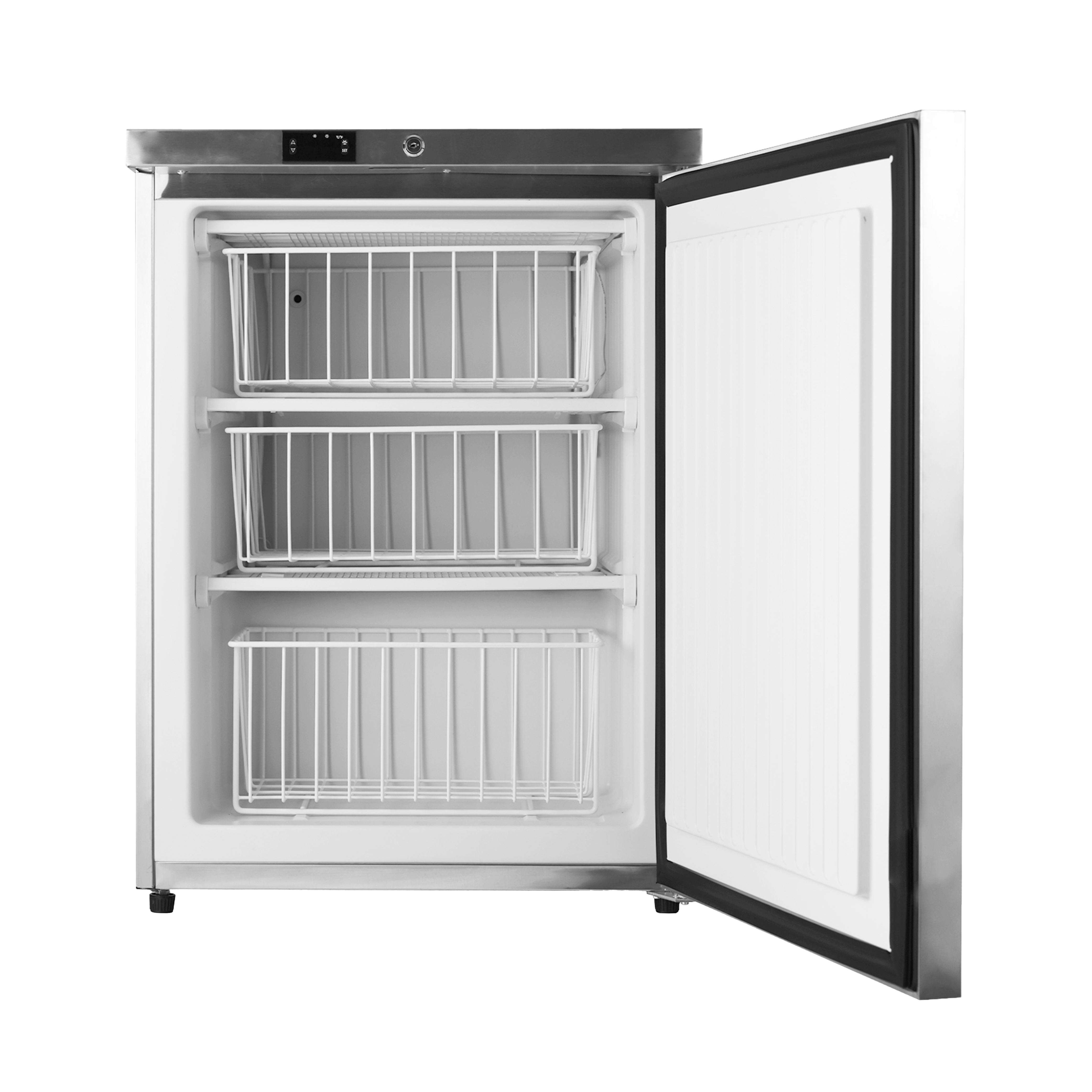 Front view of a 4.1 Cu Ft Food Service Outdoor Beverage Fridge Freezer 128 cans, featuring interior space with three drawers