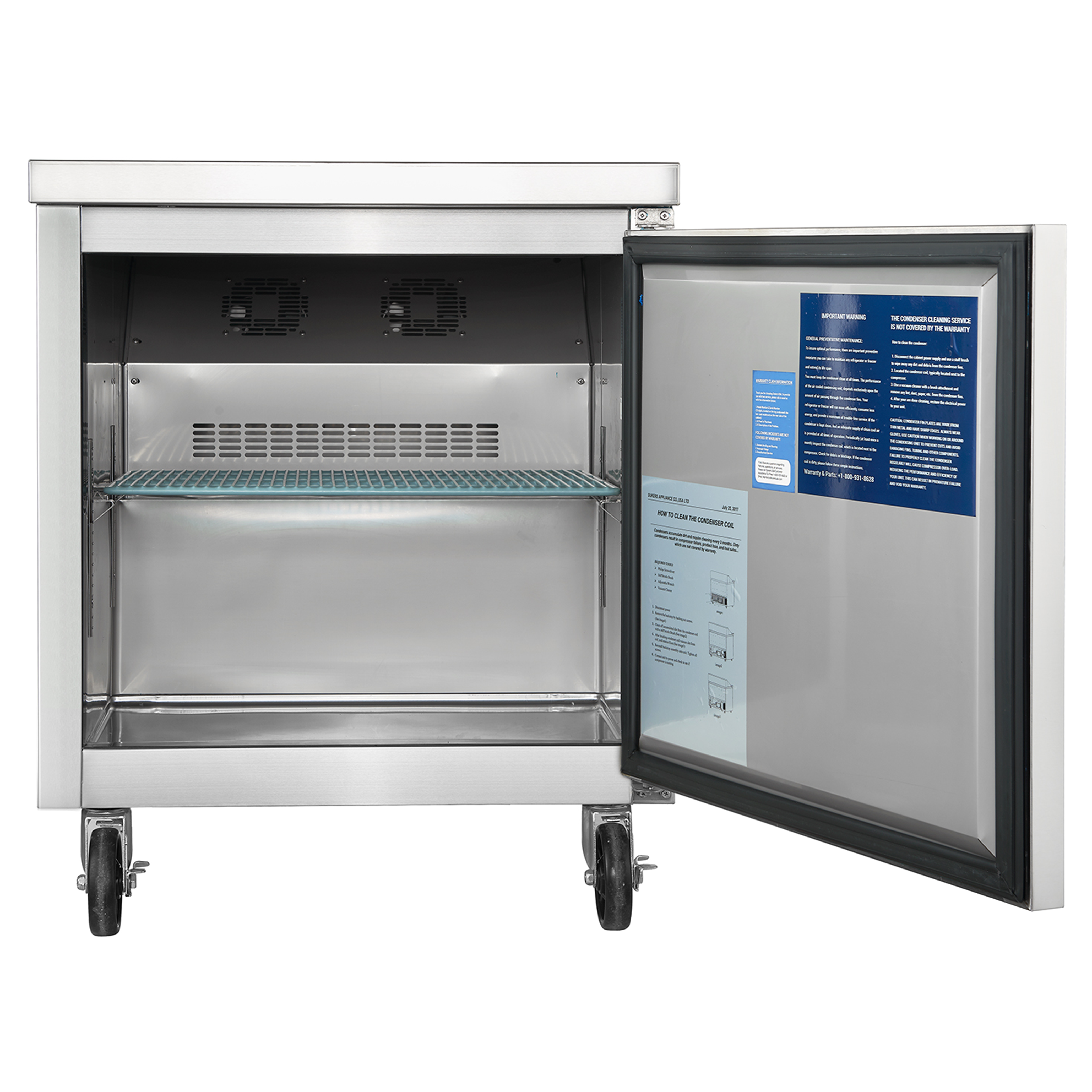 Front view of a 7 Cu Ft Stainless Steel Worktop Beverage Fridge with the door open, displaying interior space featuring one wire shelf