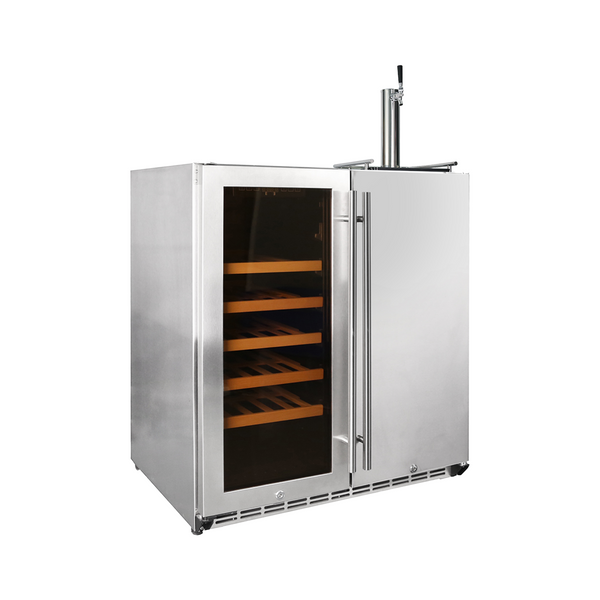 Side view of a 6.3 Cu Ft Wine Outdoor Refrigerator With Single Tap Kegerator with one glass door, revealing partly of its interior space