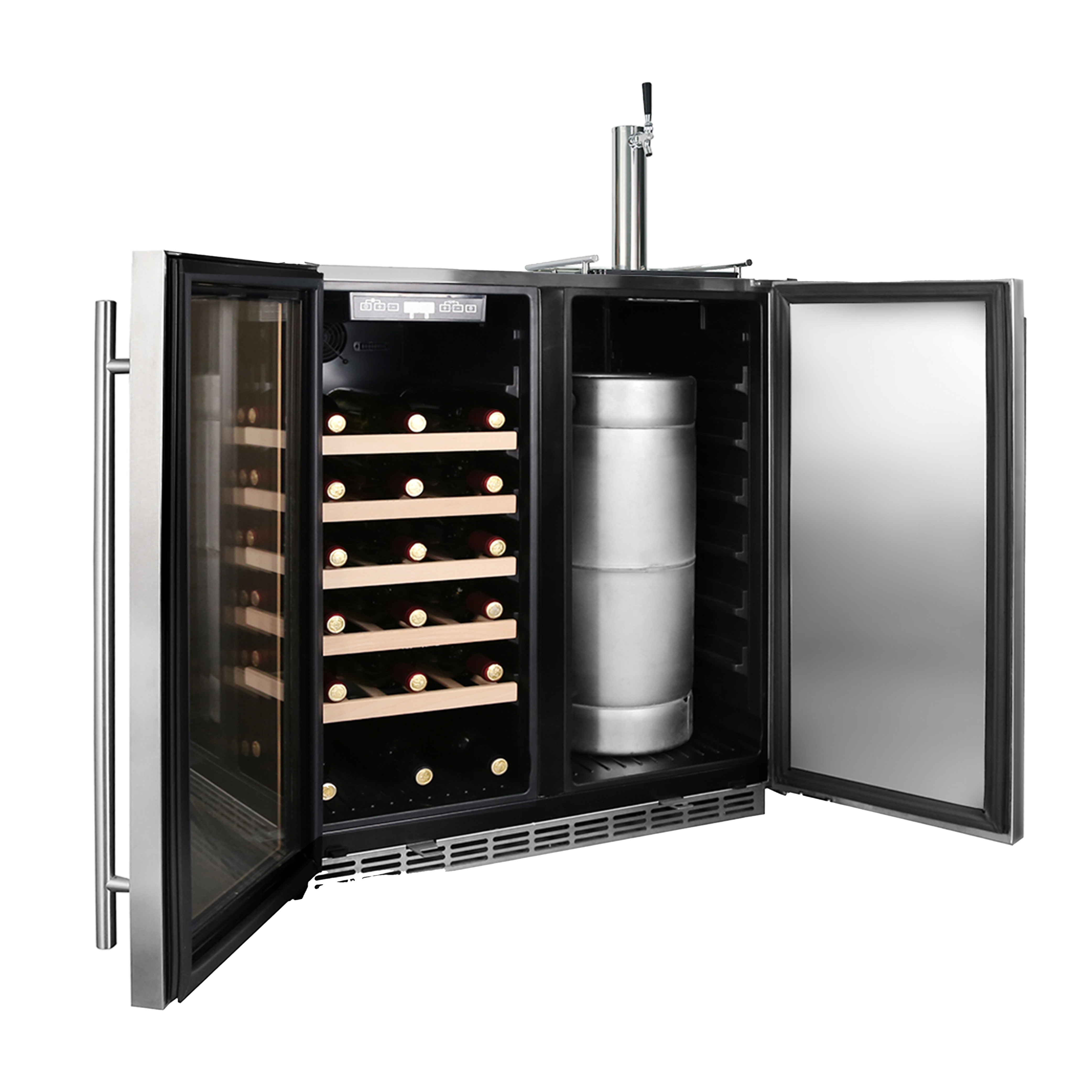 Side view of a 6.3 Cu Ft Wine Outdoor Refrigerator With Single Tap Kegerator with both doors open, revealing two compartments. The first compartment is equipped with five wooden shelves fully stocked with bottles of wine, while the second compartment contains a stainless steel keg
