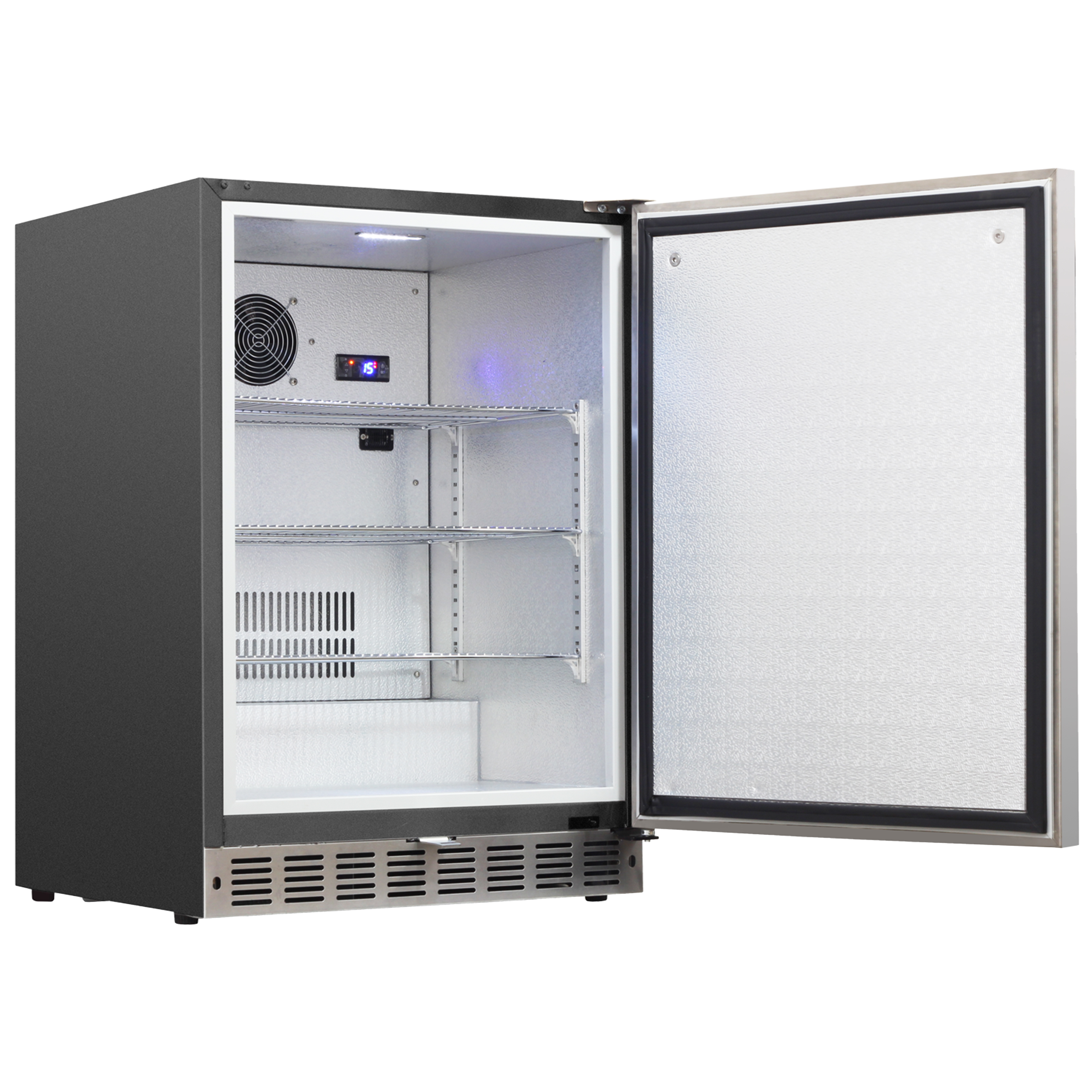 Side view of a 5.12 Cu Ft Undercounter Beverage Outdoor Refrigerator 161 Cans with the door open, revealing interior space with three shelves and a digital thermostat