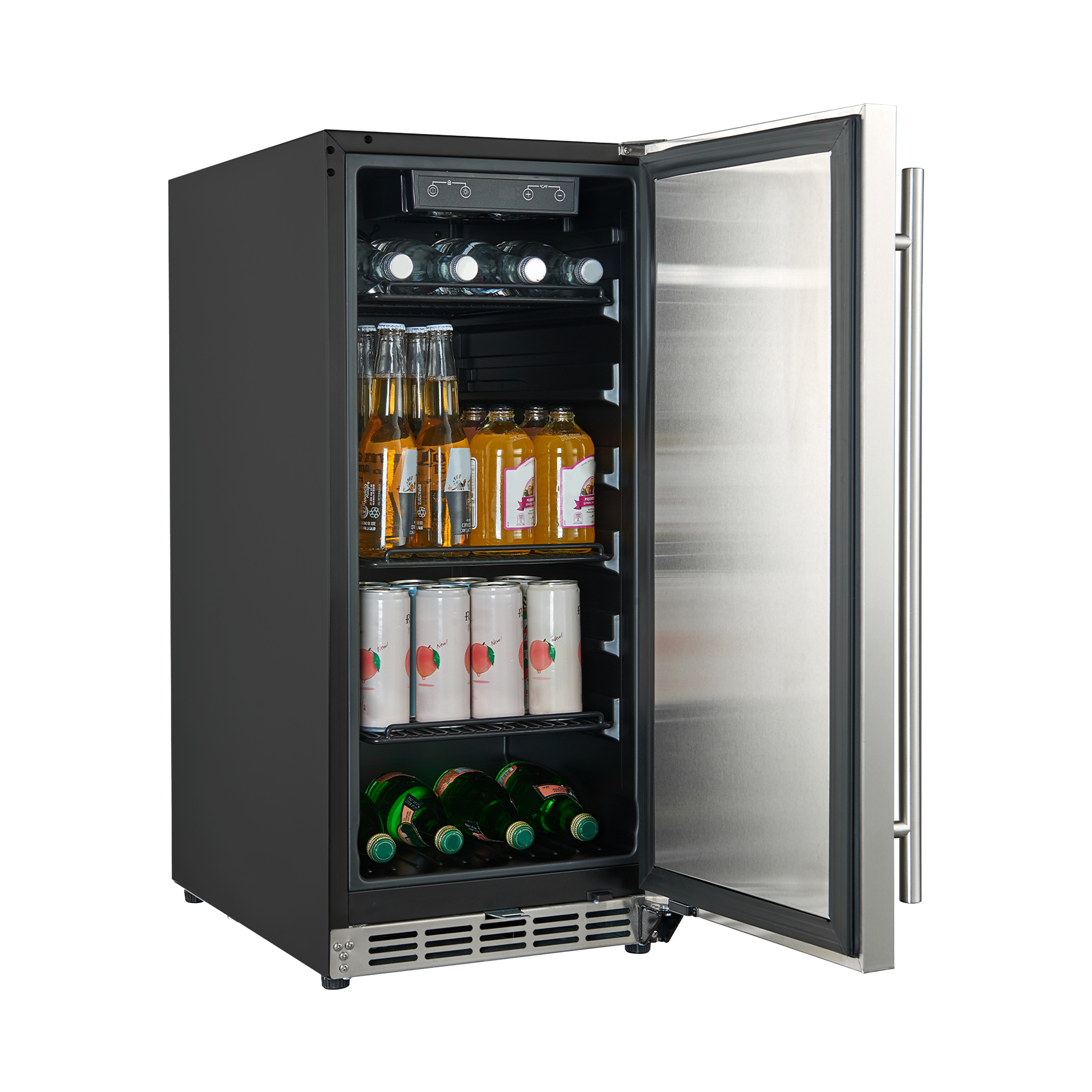 Side view of a 3.2 Cu Ft Black Outdoor Beverage Fridge with the door open, displaying a digital temperature control panel and filled with beverage bottles
