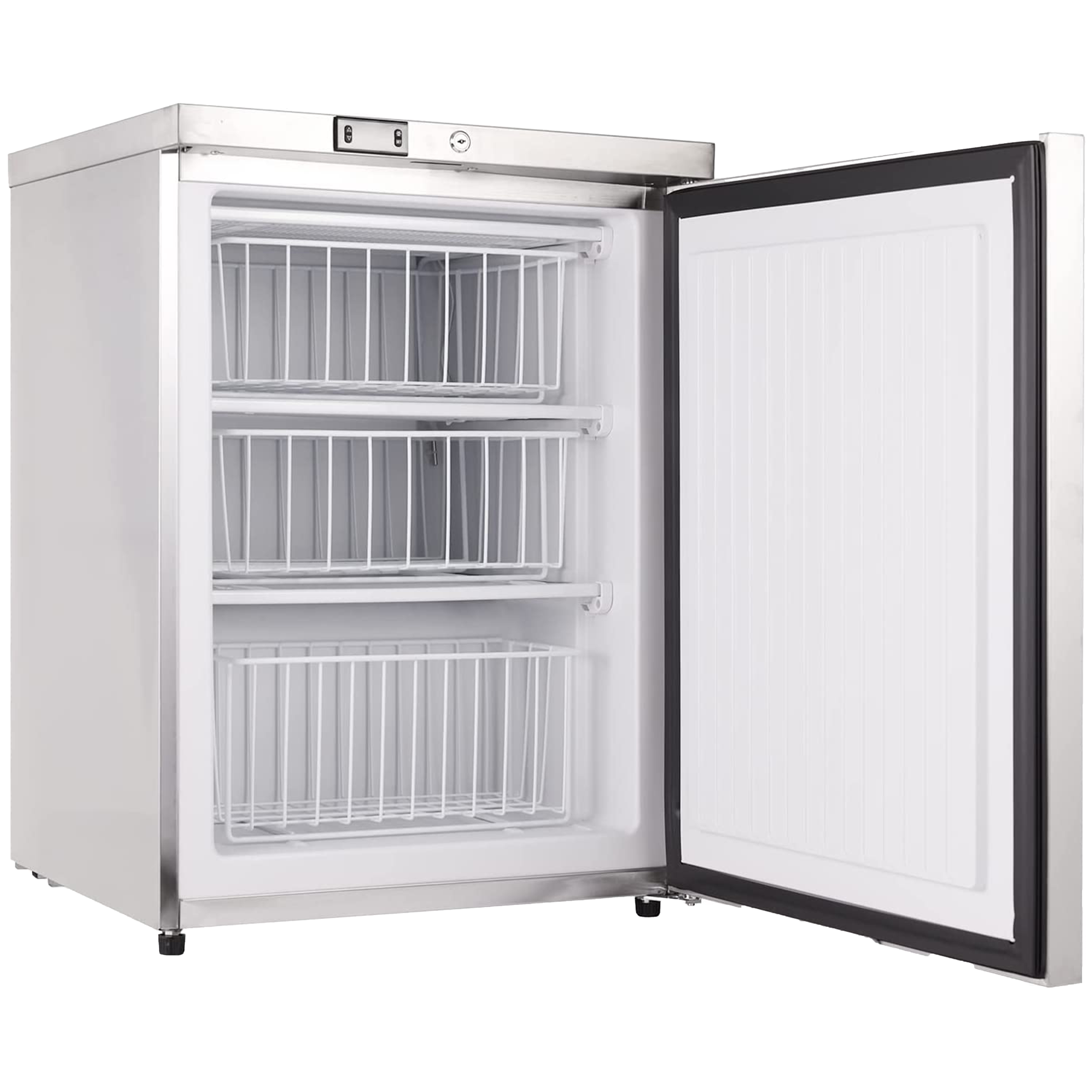 Side view of a 4.1 Cu Ft Food Service Outdoor Beverage Fridge Freezer 128 cans, featuring interior space with three drawers