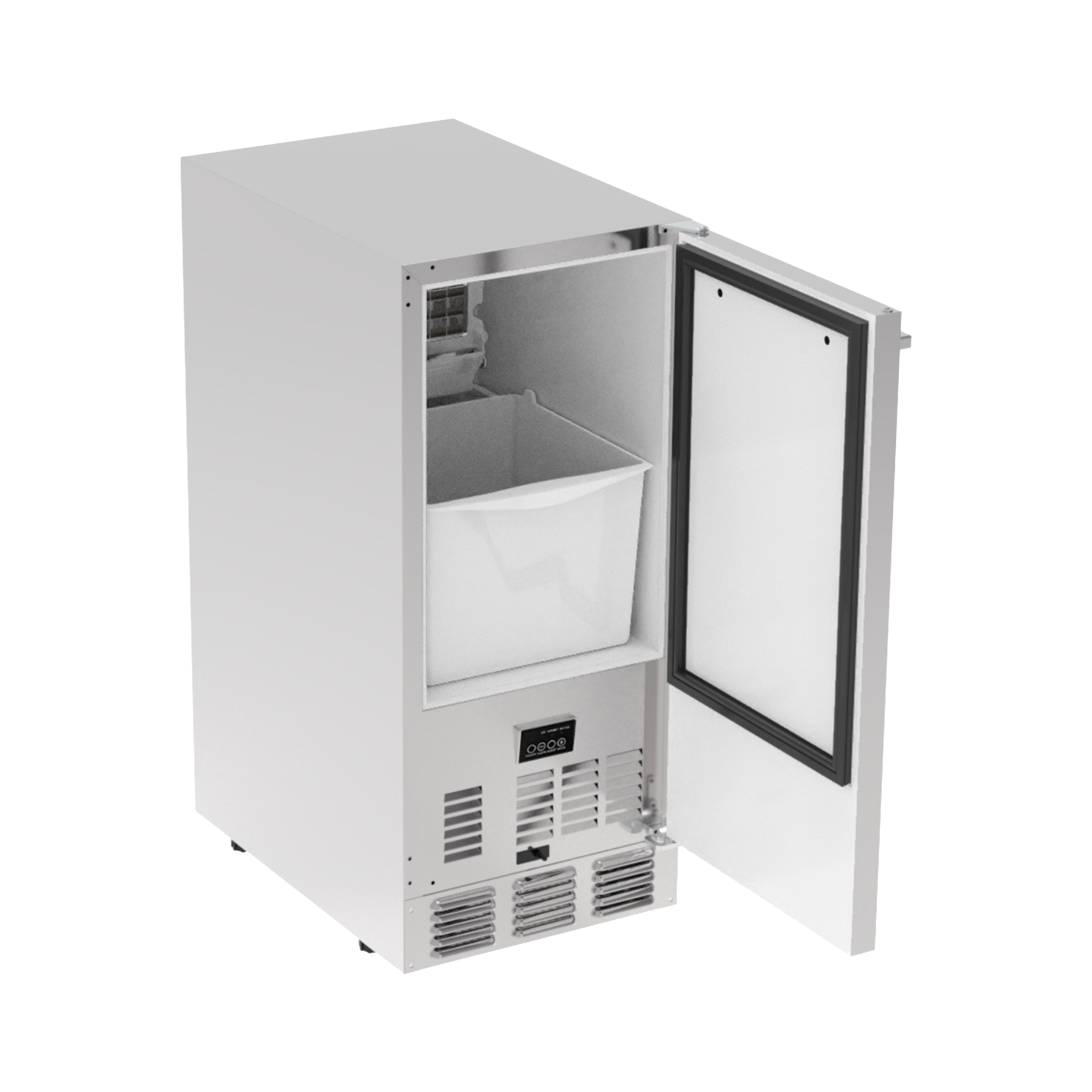 Side view of a 60 lbs Stainless Steel Outdoor Refrigerator Ice Maker with the door open, exposing the ice making compartment