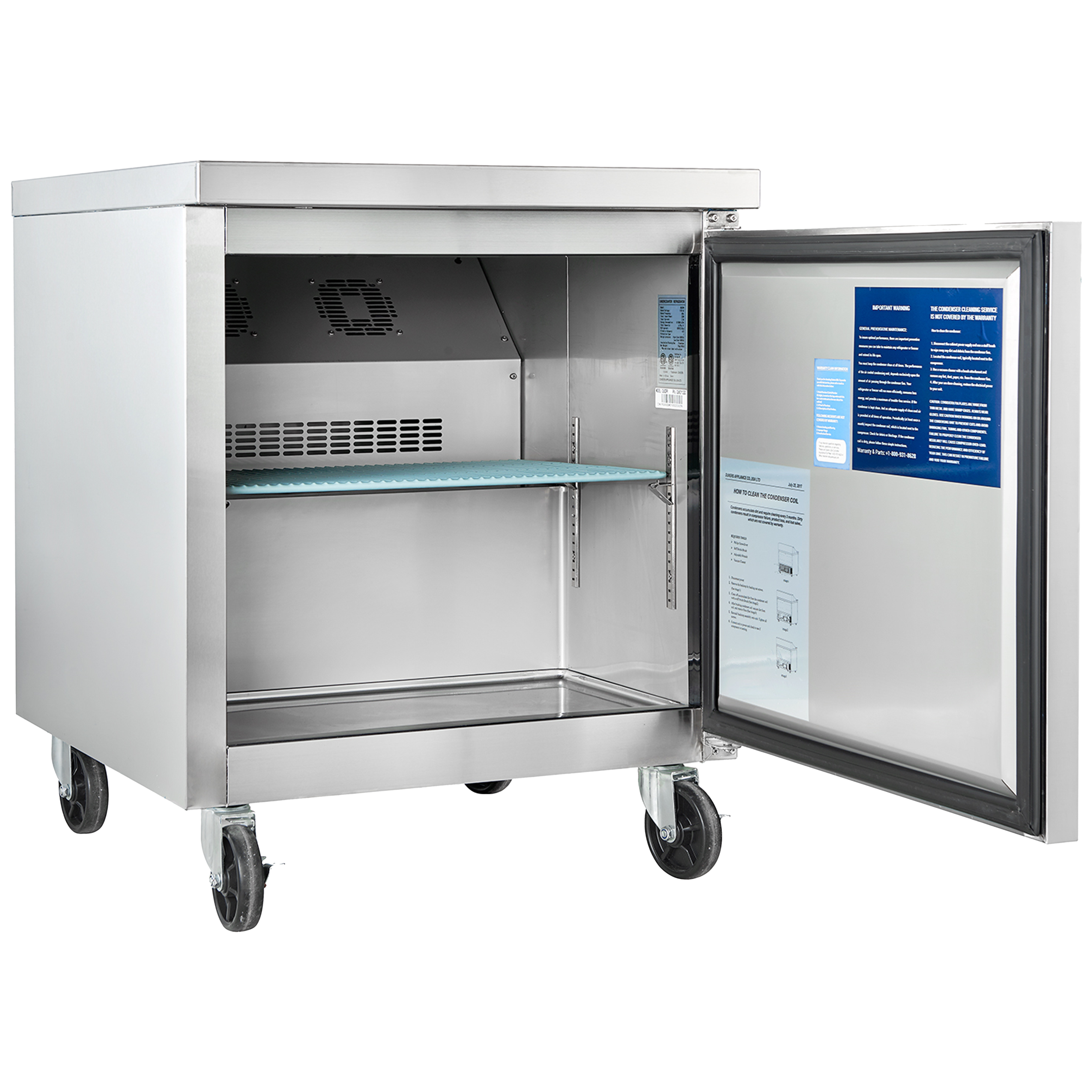 Side view of a 7 Cu Ft Stainless Steel Worktop Beverage Fridge with the door open, displaying interior space featuring one wire shelf