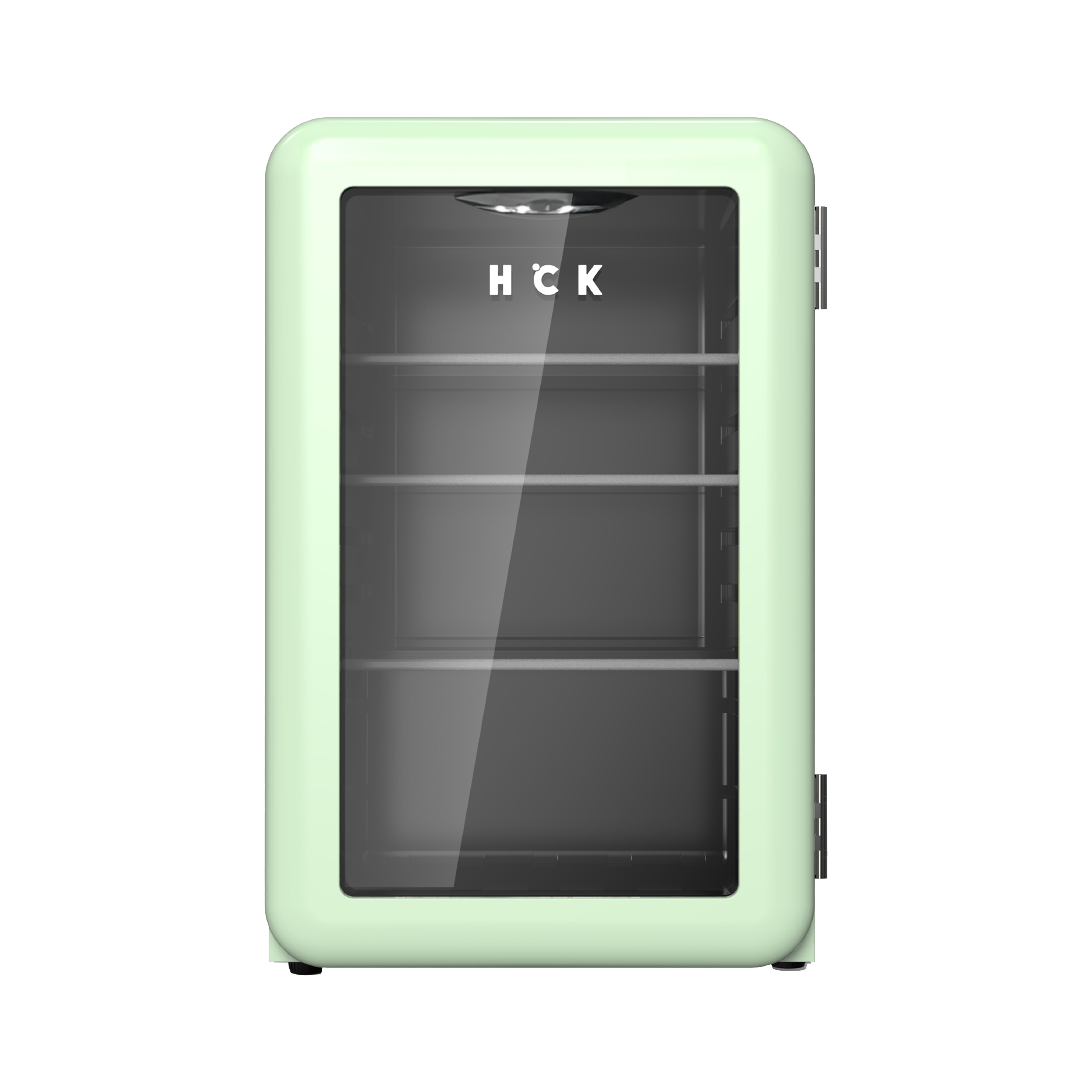 Front view of a 2.5 Cu Ft Mint Green Iconic Beverage Fridge with transparent door. The content of the fridge can be seen through the door