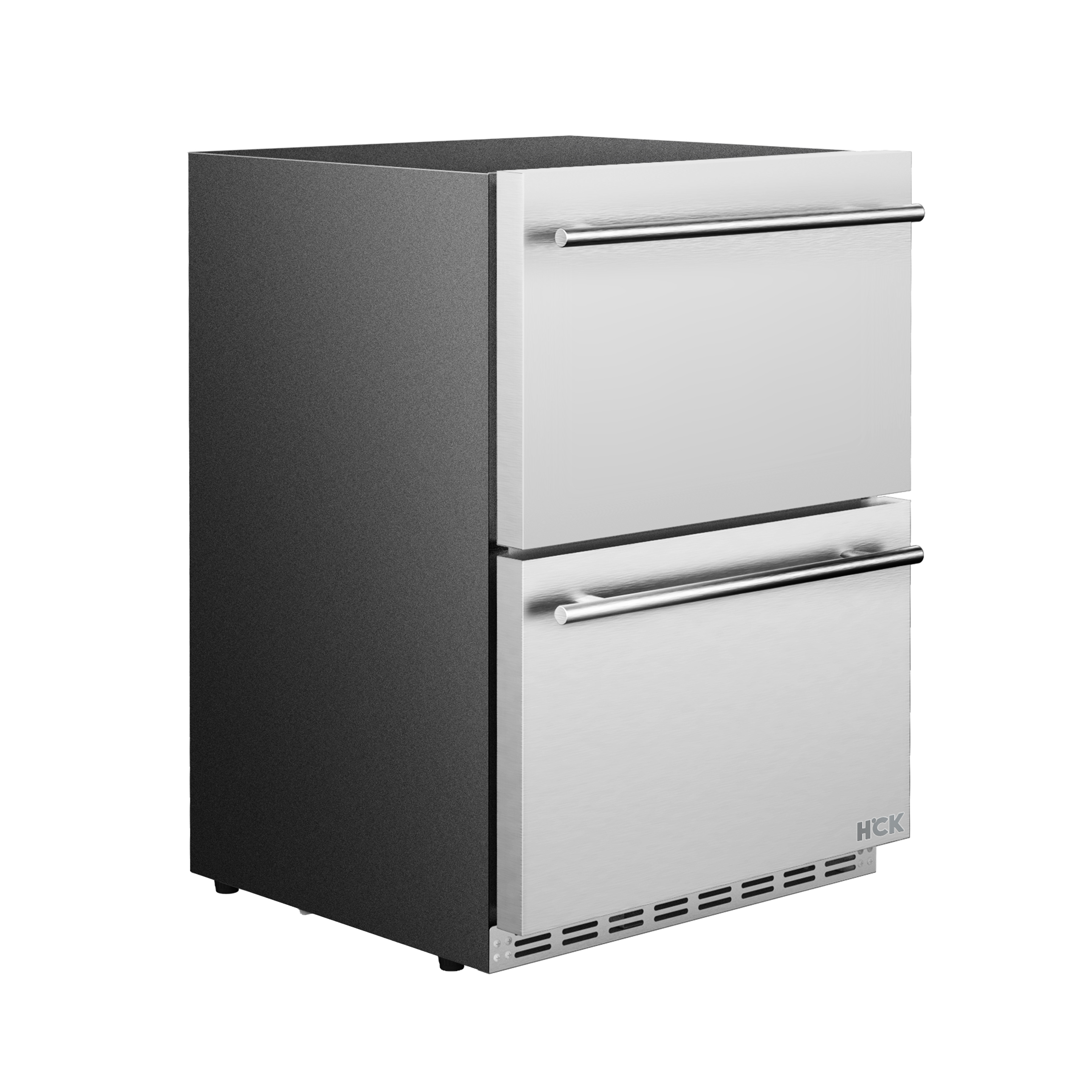 Side view of a Black 5.29 Cu Ft Stainless Steel Dual Zone Outdoor Refrigerator