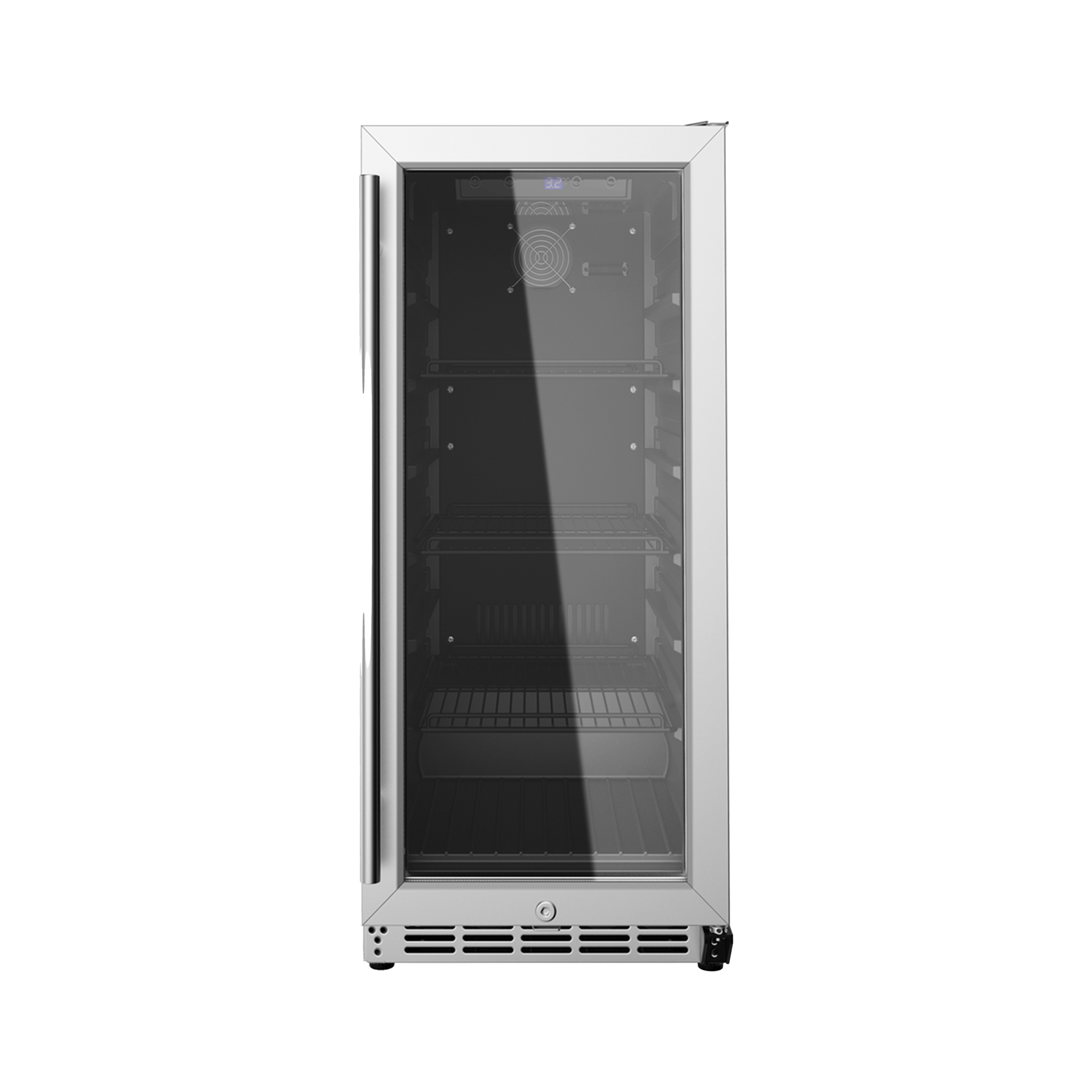Front view of a 3.2 Cu Ft Compact Beverage Outdoor Refrigerator 96 cans with transparent door. The content of the fridge can be seen through the door