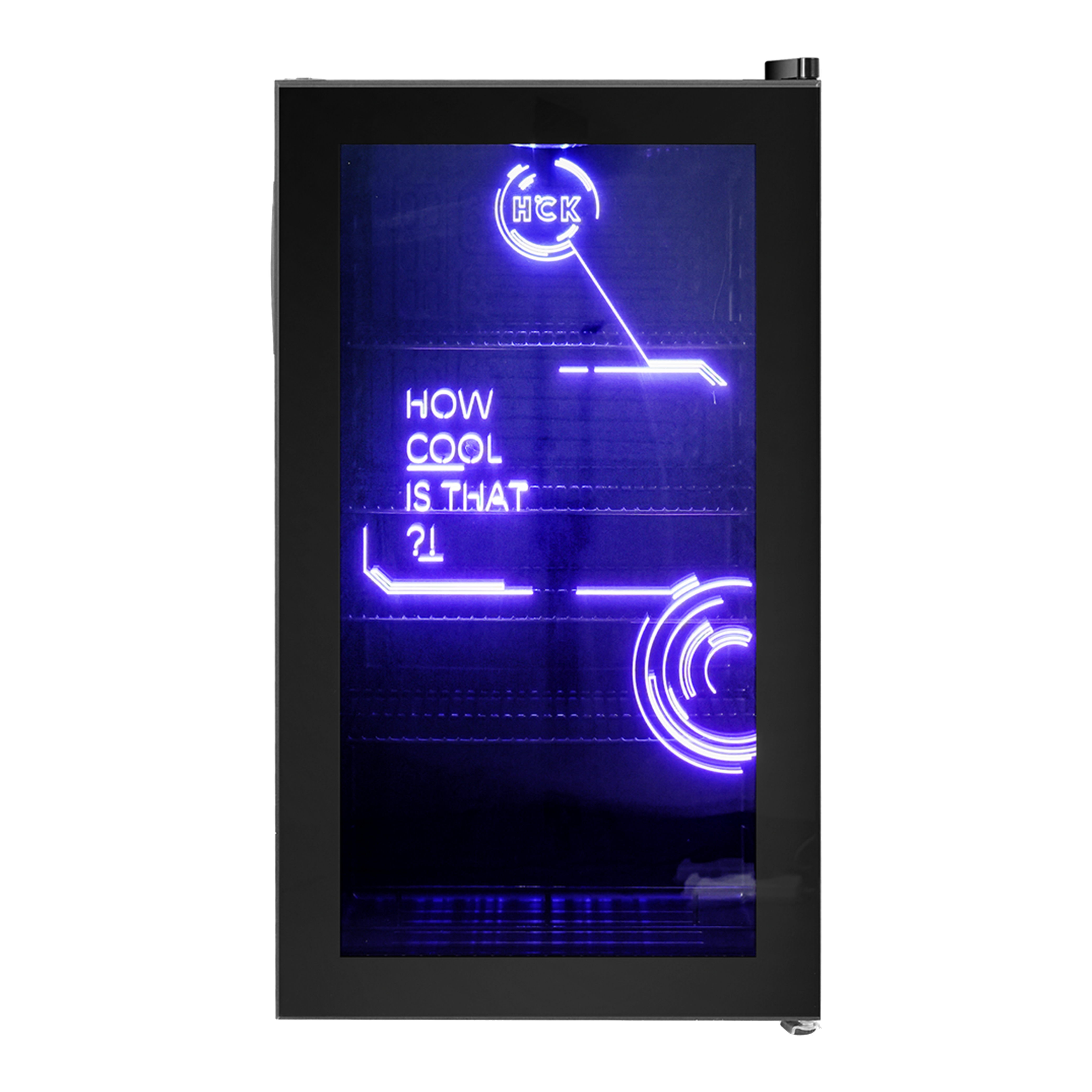 Front view of a 3.5 Cu Ft Cyberpunk Glass Door Beverage Fridge with transparent door. The contents of the fridge can be seen through the door