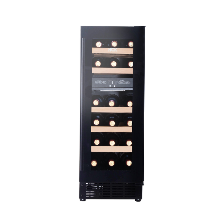 The front view of 1.9 Cu Ft Black Standard Dual Zone Slimline Wine Fridge 18 Bottles