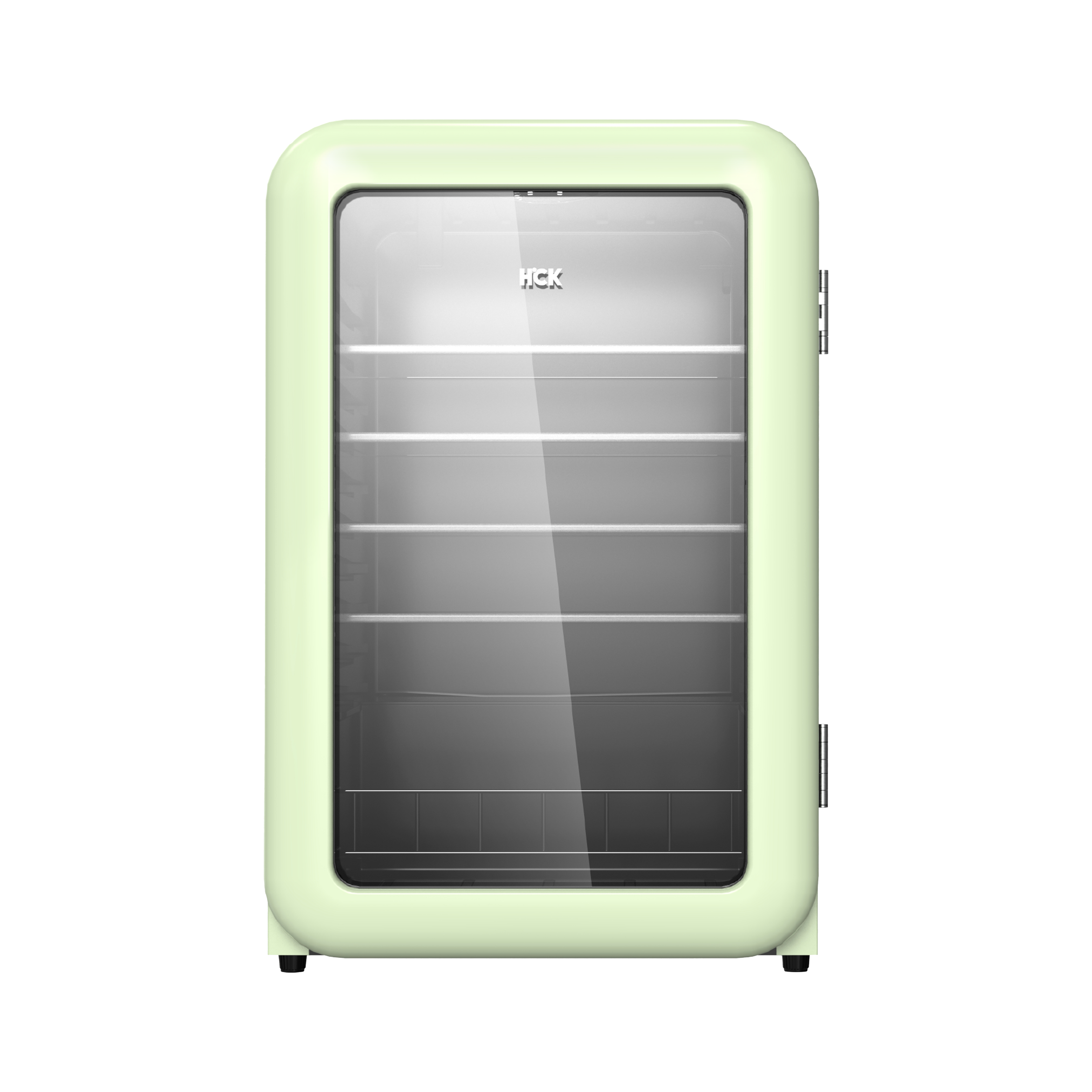 Front view of a 4.1 Cu Ft Mint Green Iconic Retro Style Beverage Fridge with a transparent door. The contents of the fridge can be seen through the door