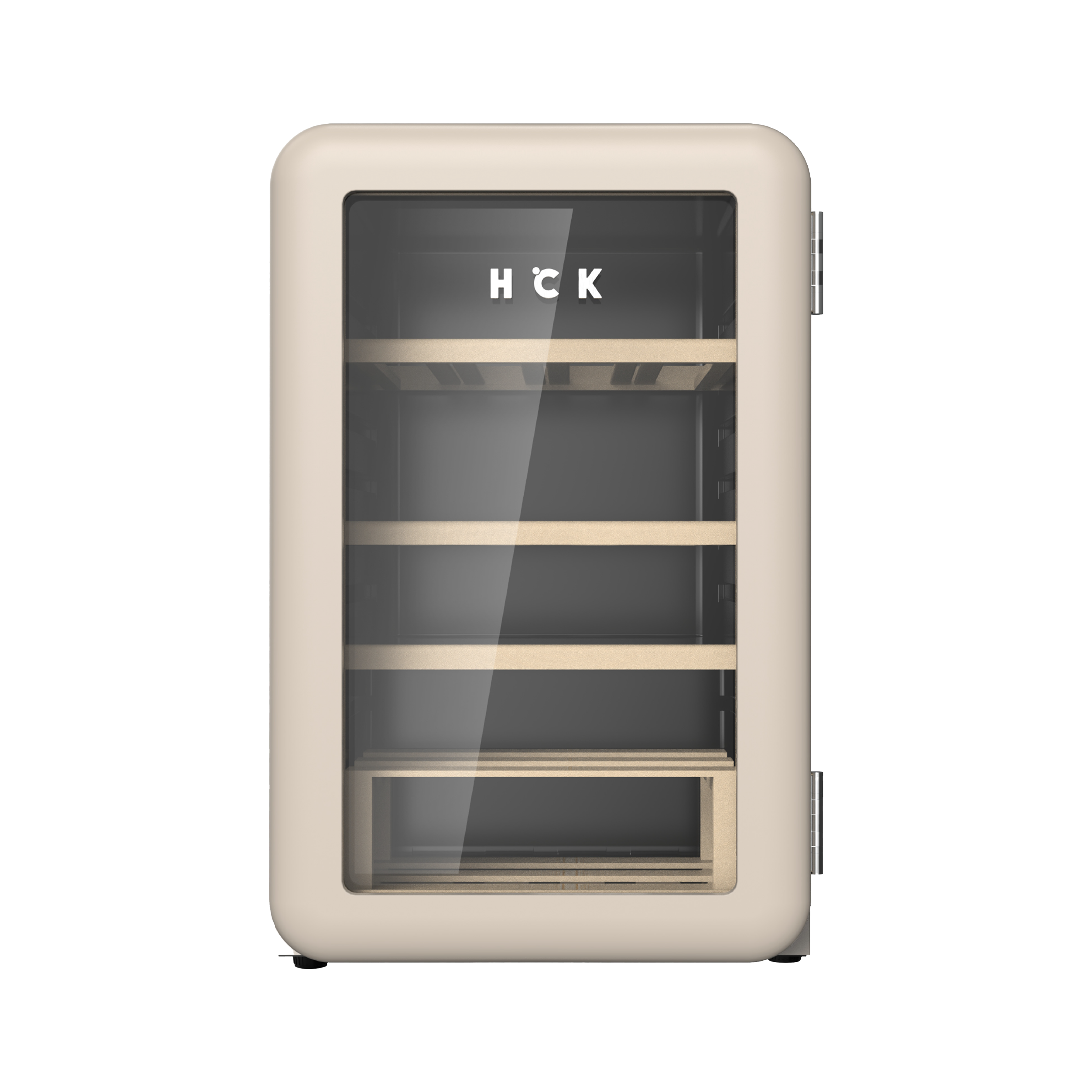 Front view of a 2.5 Cu Ft Warm Grey Iconic Retro Style Wine Fridge with transparent door. The content of the fridge can be seen through the door