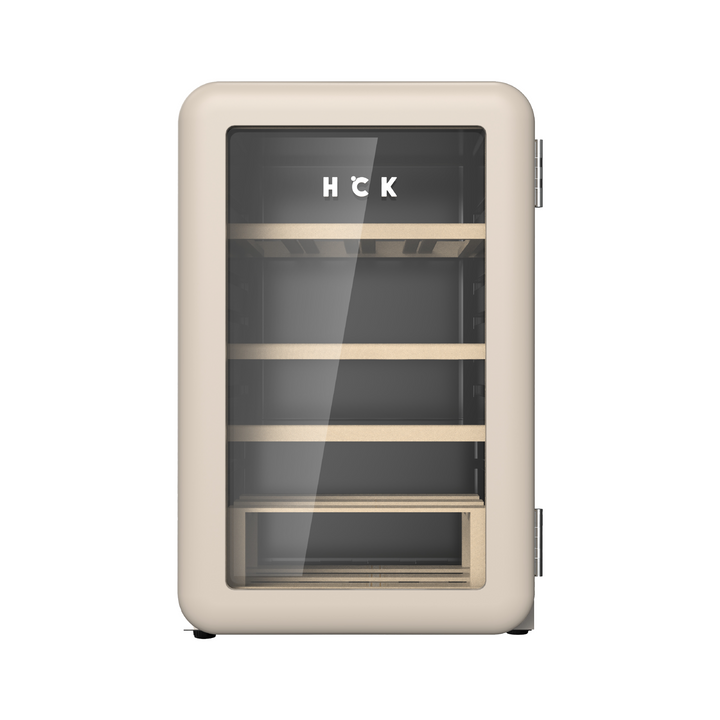 Front view of a 2.5 Cu Ft Warm Grey Iconic Retro Style Wine Fridge with transparent door. The content of the fridge can be seen through the door