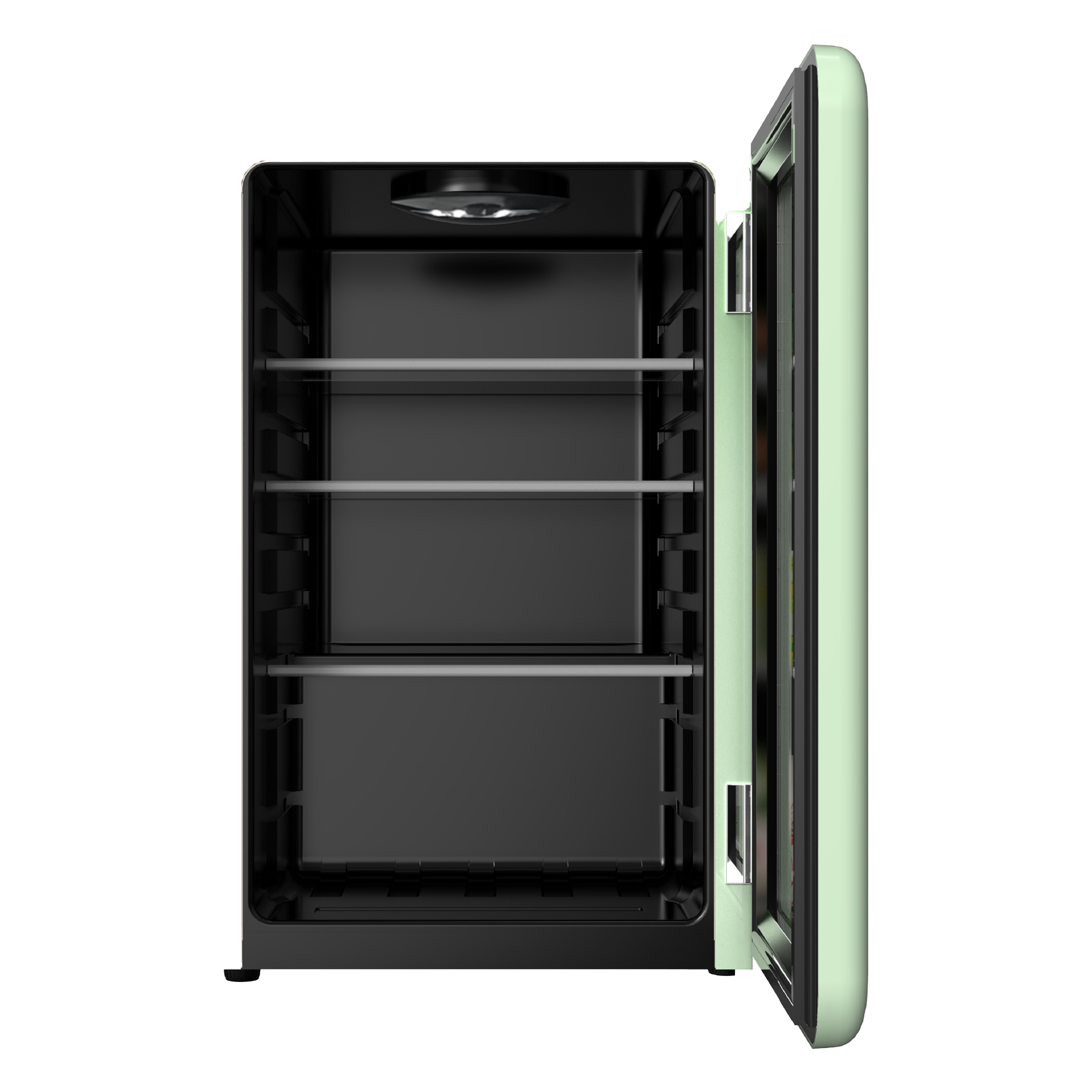 Front view of a 2.5 Cu Ft Mint Green Iconic Beverage Fridge with open door, showcasing 3 glass shelves