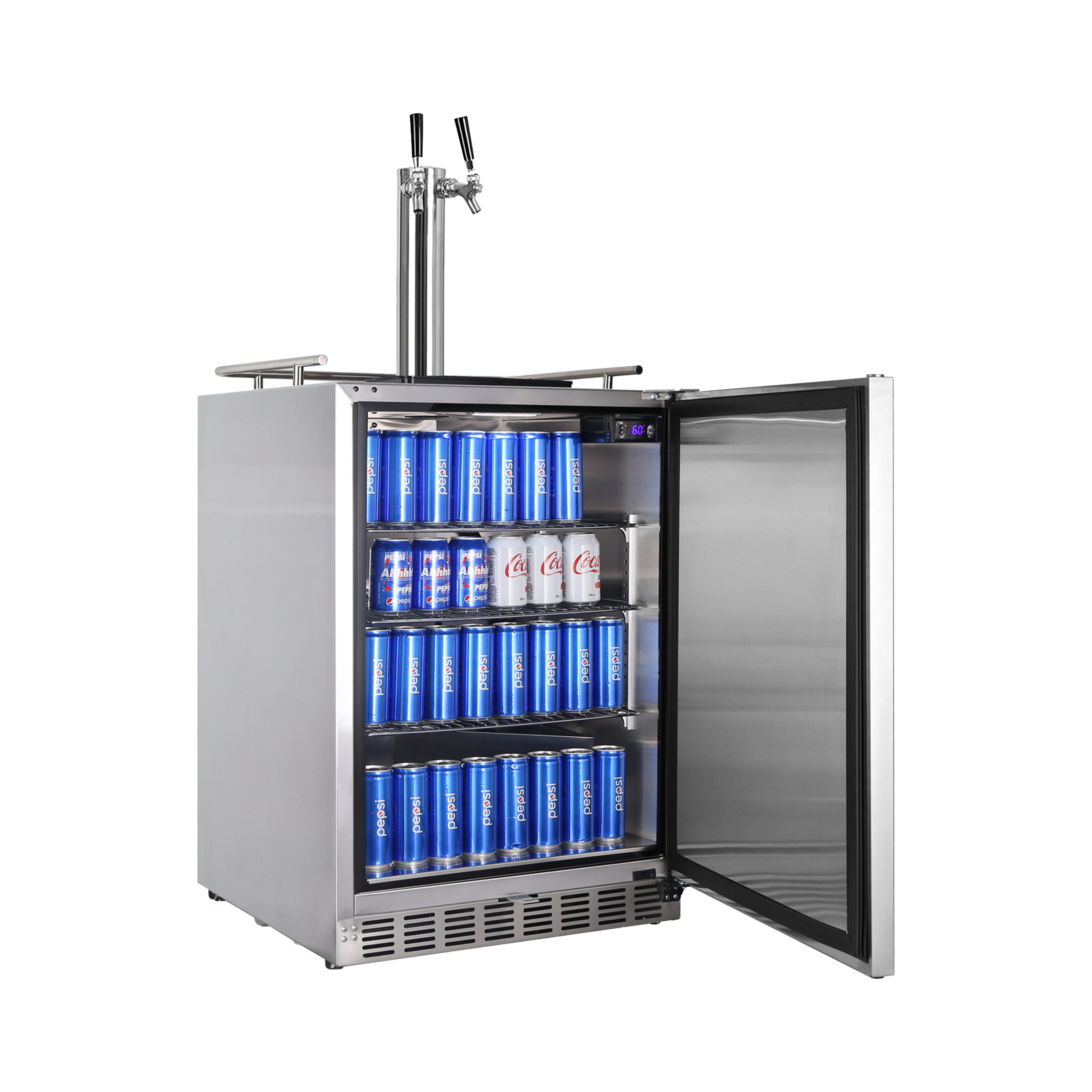 Side view of a 6.04 Cu Ft Undercounter Kegerator Outdoor Beverage Fridge with the door open, revealing fully stocked interior space with beverage cans.