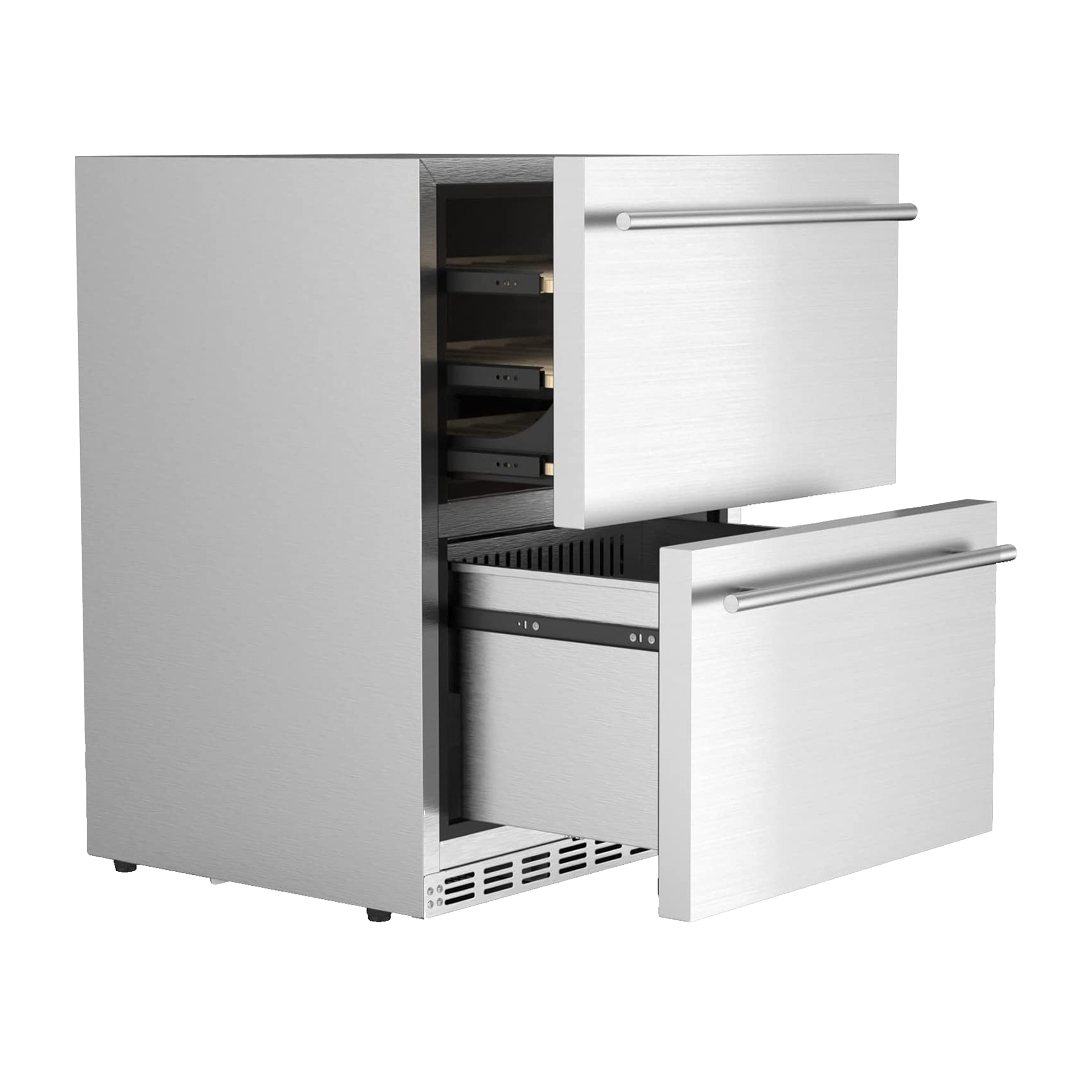 Side view of a 5.29 Cu Ft Stainless Steel Dual Zone Outdoor Refrigerator, showcasing the drawers pulled out