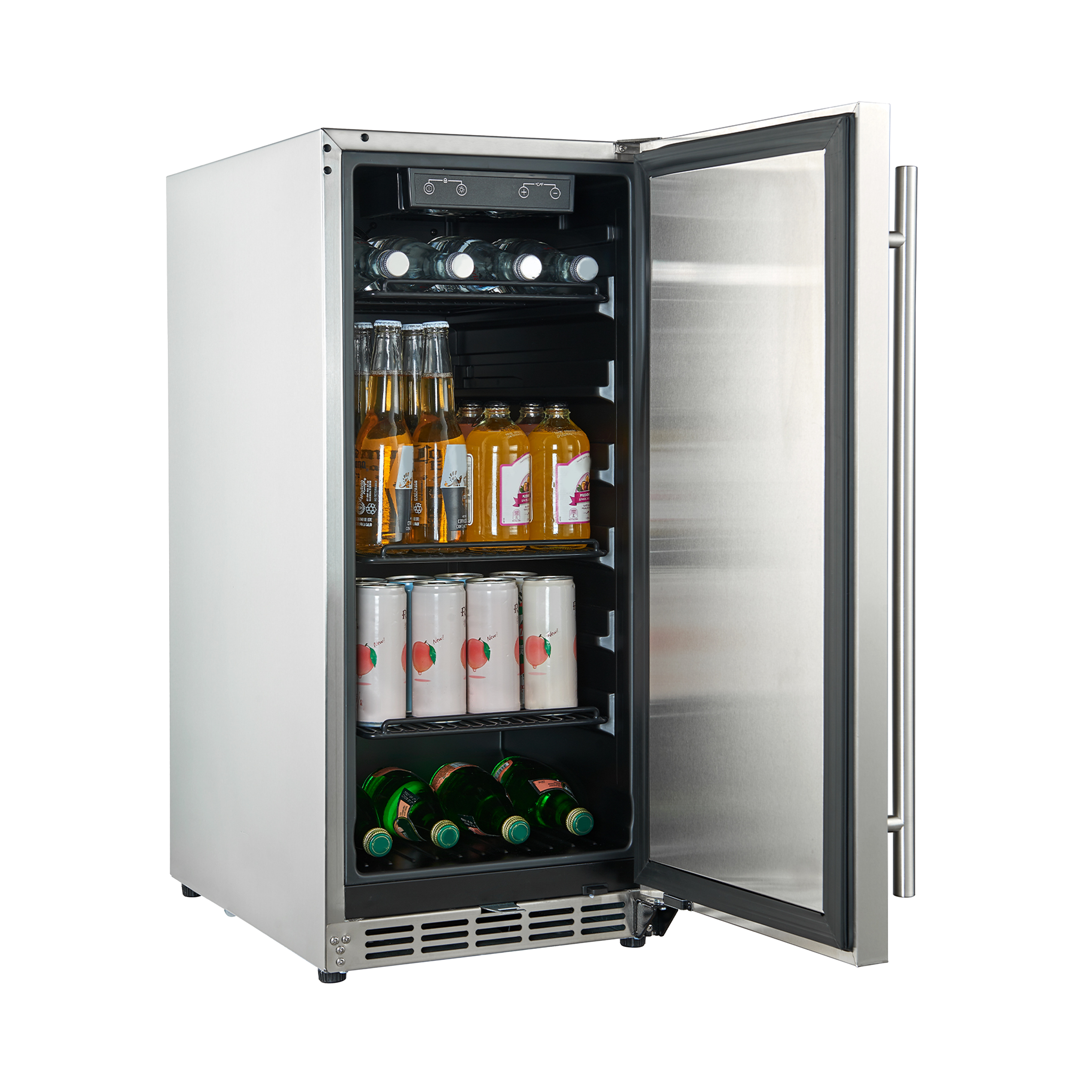 Side view of a 3.2 Cu Ft Undercounter Beverage Outdoor Refrigerator with the door open, displaying a digital temperature control panel and filled with beverage bottles.