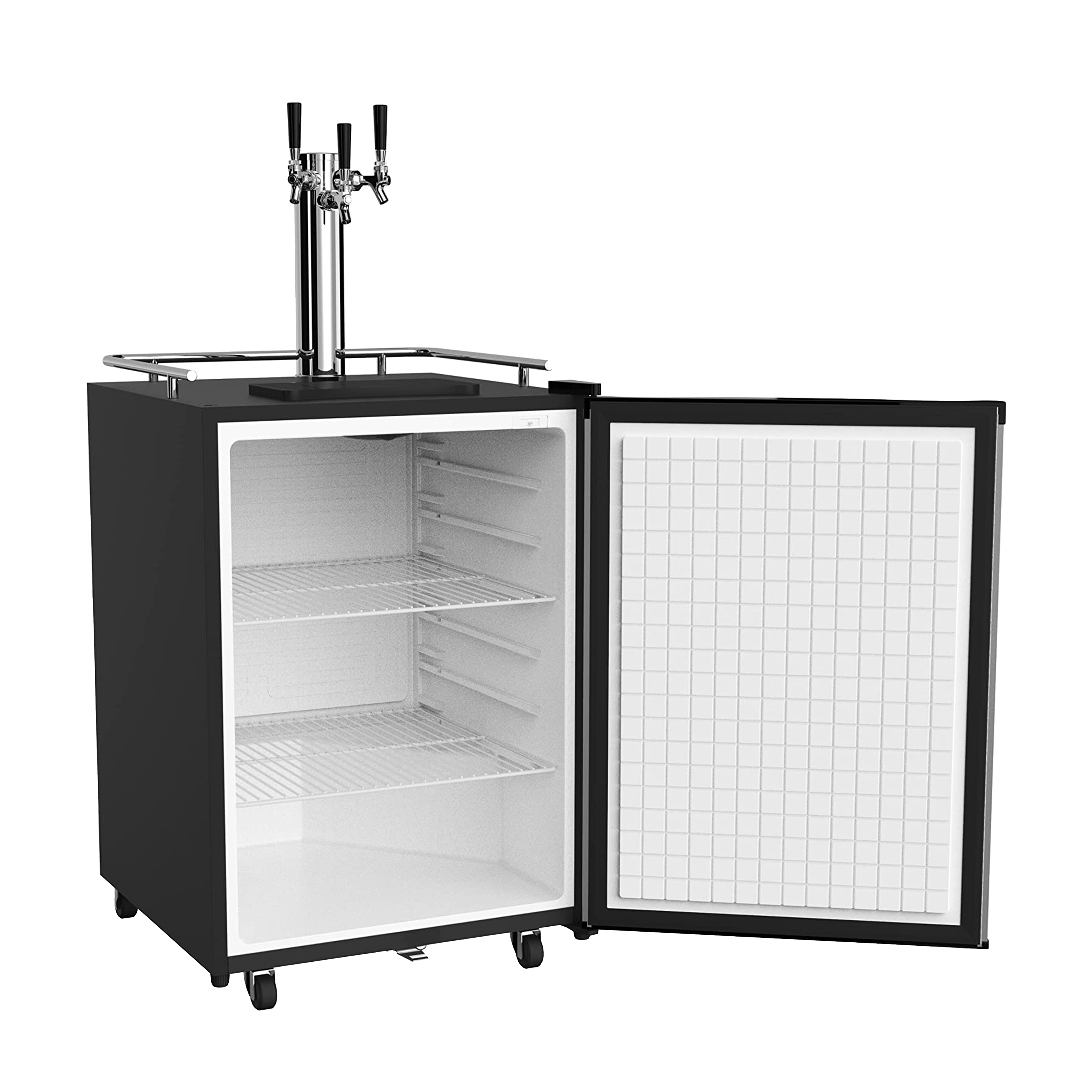 Side view of a 6.53 Cu Ft Stainless Steel Outdoor Kegerator Refrigerator with the door open, showcasing interior space with two wire shelves