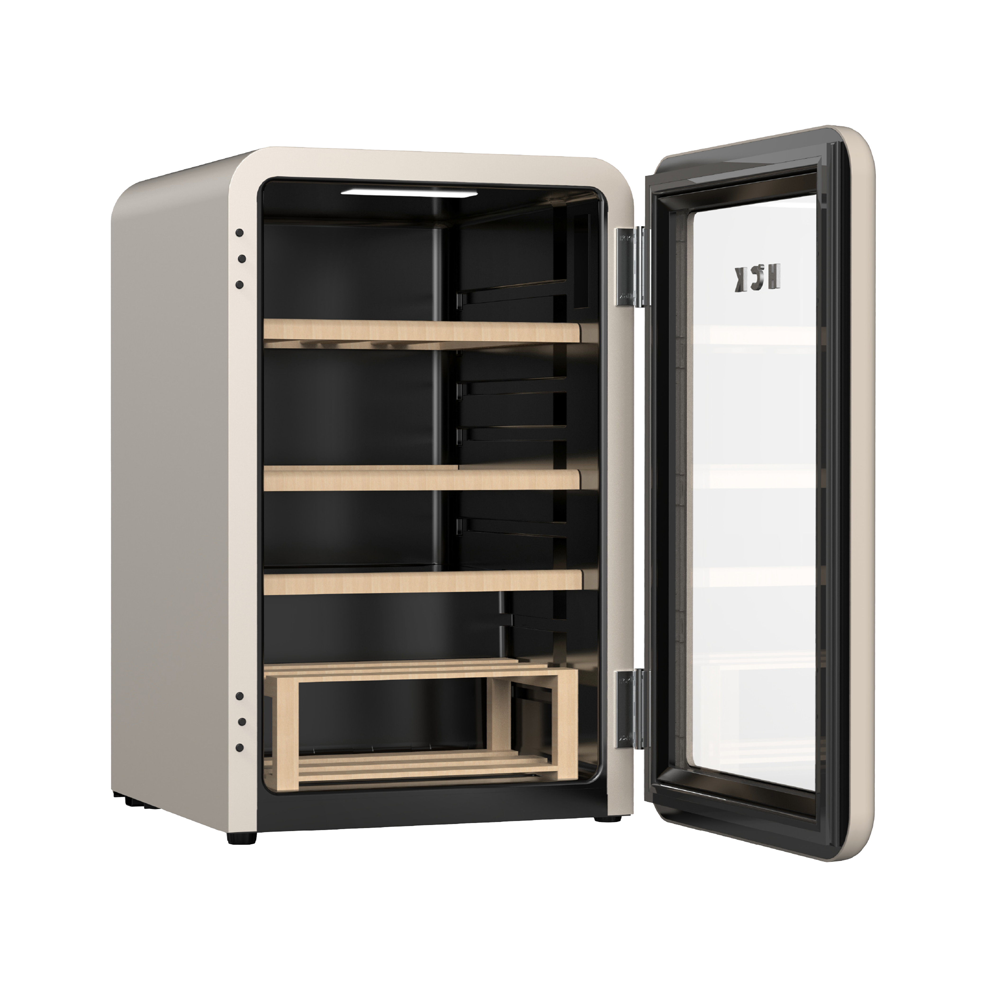 Side view of a 2.5 Cu Ft Warm Grey Iconic Retro Style Wine Fridge with open door, displaying four wooden shelves