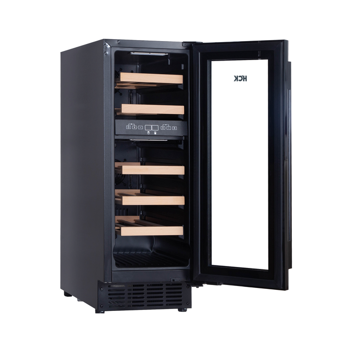 Side view of a 1.9 Cu Ft Black Standard Dual Zone Slimline Wine Fridge with open door, revealing 5 wooden shelves filled with wine bottles.