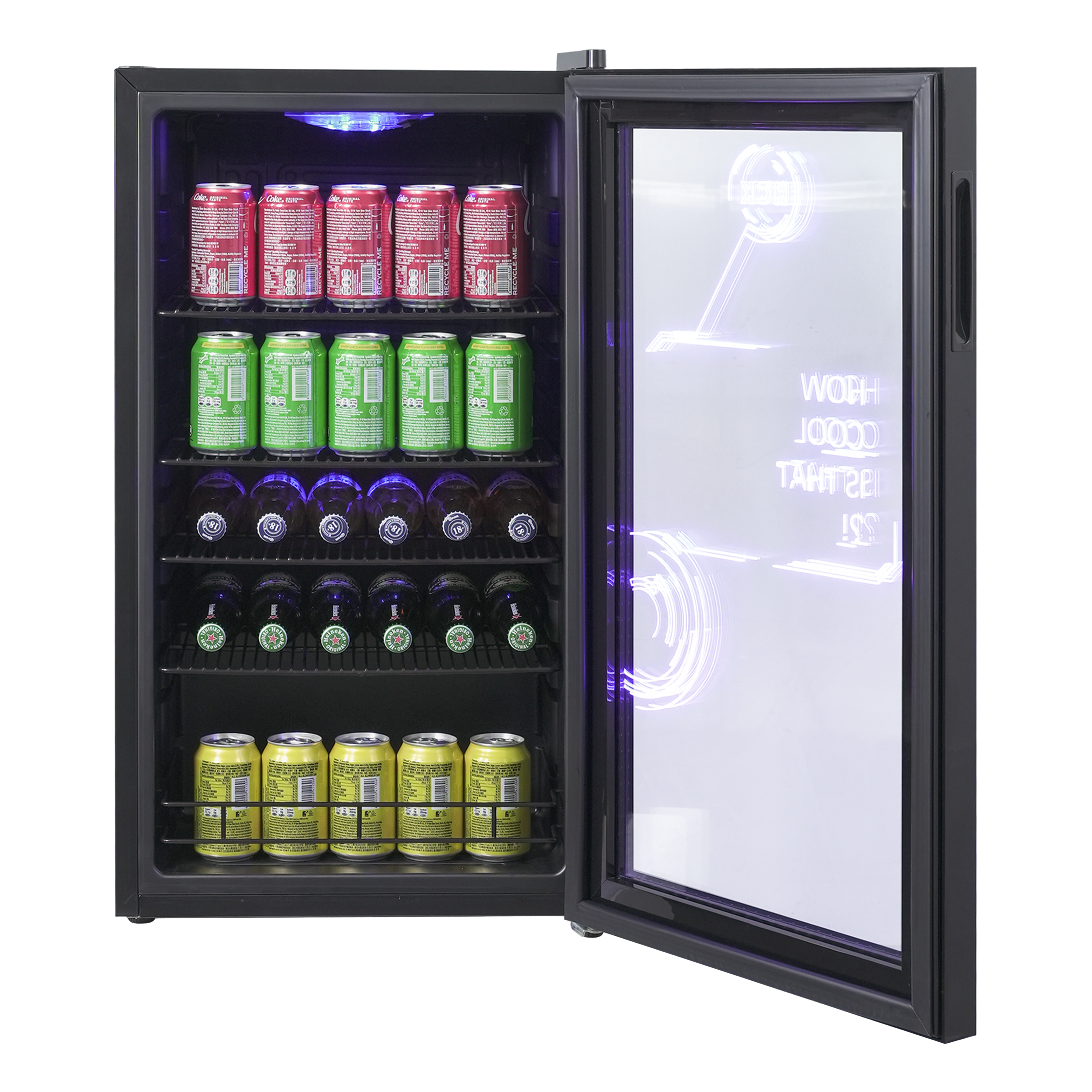 Front view of a 3.5 Cu Ft Cyberpunk Glass Door Beverage Fridge with the door open, revealing a fully stocked interior of beverage bottles.