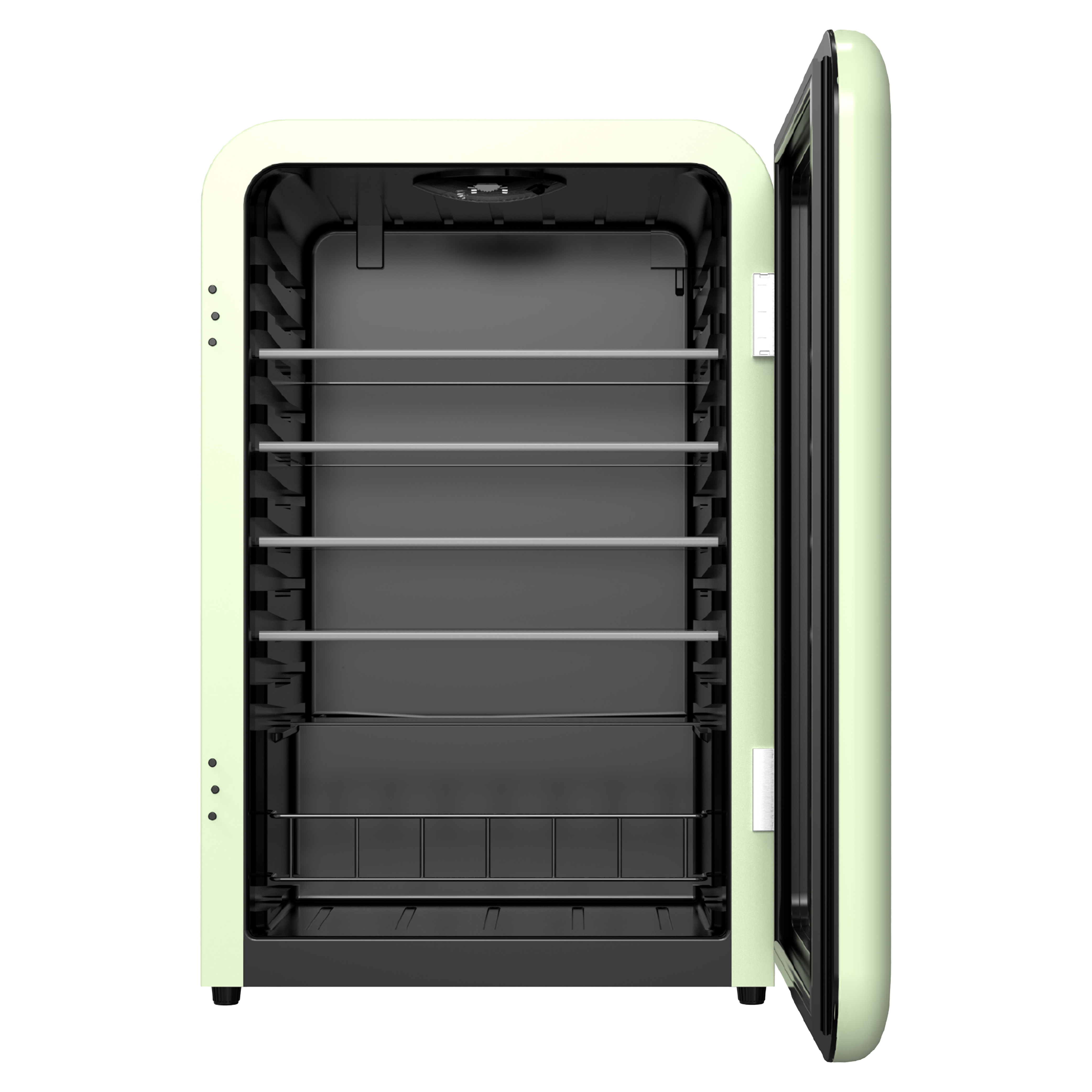 Front view of a 4.1 Cu Ft Mint Green Iconic Retro Style Beverage Fridge with the door open, revealing five shelves inside