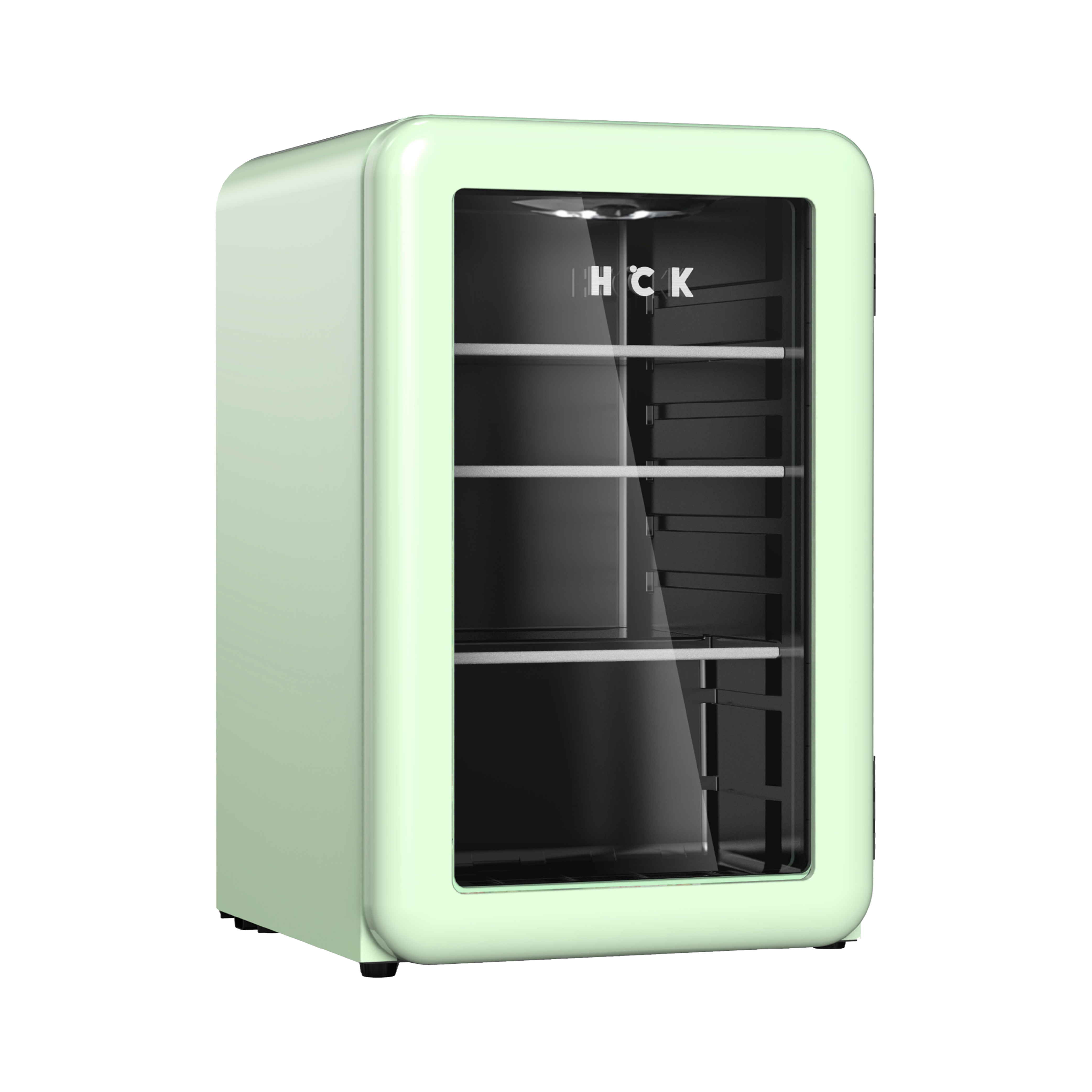 Side view of a 2.5 Cu Ft Mint Green Iconic Beverage Fridge with transparent door. The content of the fridge can be seen through the door