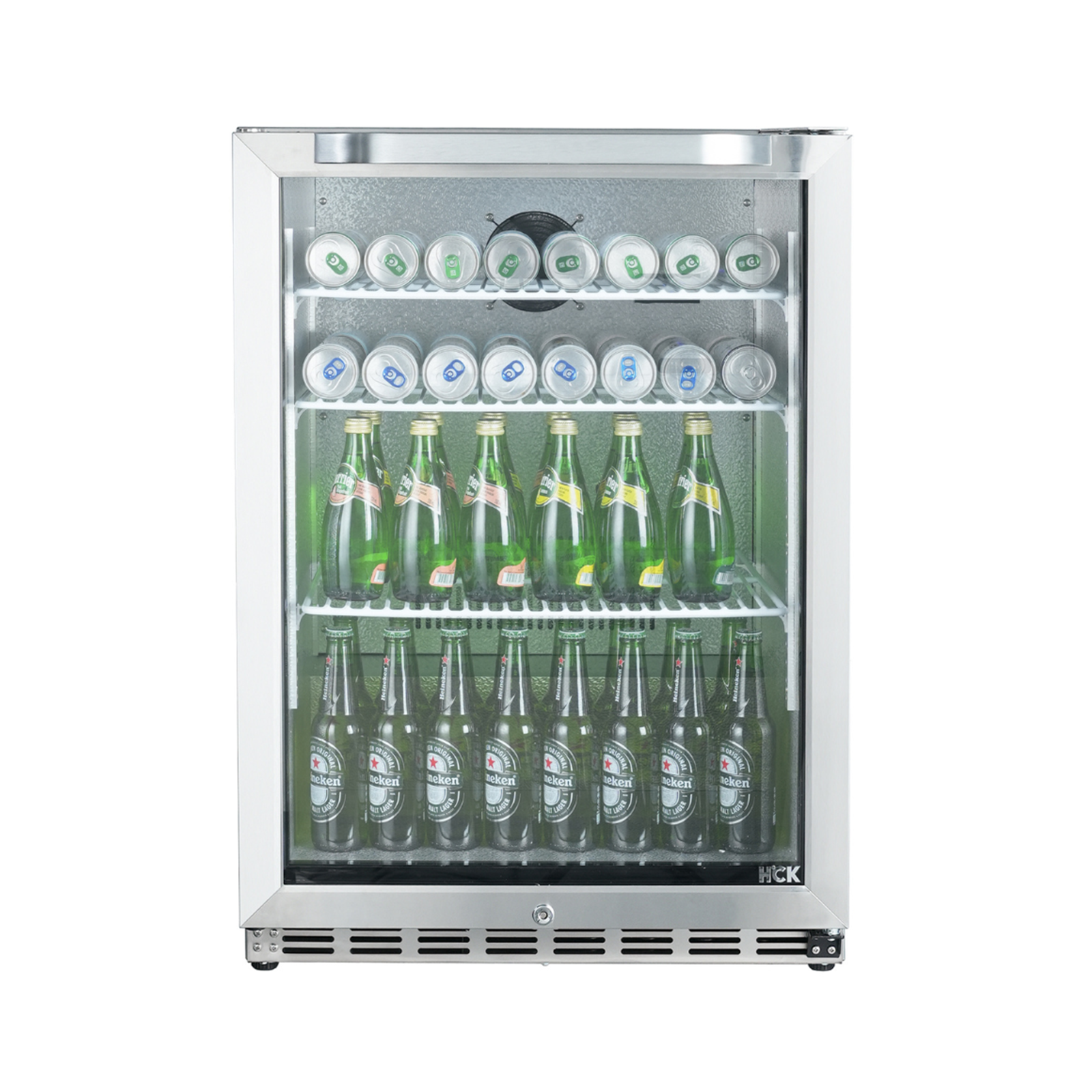 Front view of a 5.12 Cu Ft Beverage Outdoor Refrigerator with a glass door, providing visibility to the interior space and the beverages stored inside the fridge.