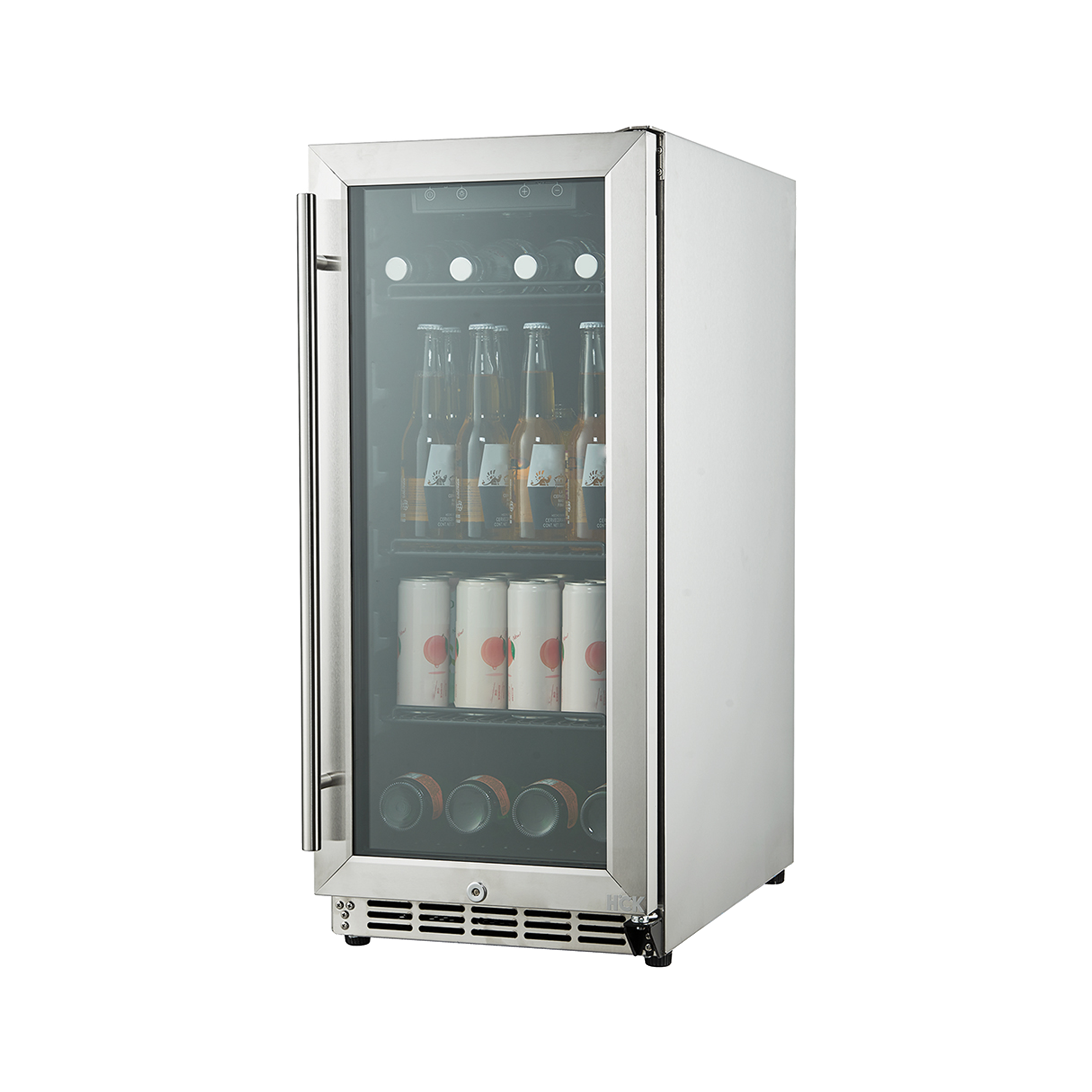 Side view of a 3.2 Cu Ft Compact Beverage Outdoor Refrigerator 96 cans with transparent door. The content of the fridge can be seen through the door