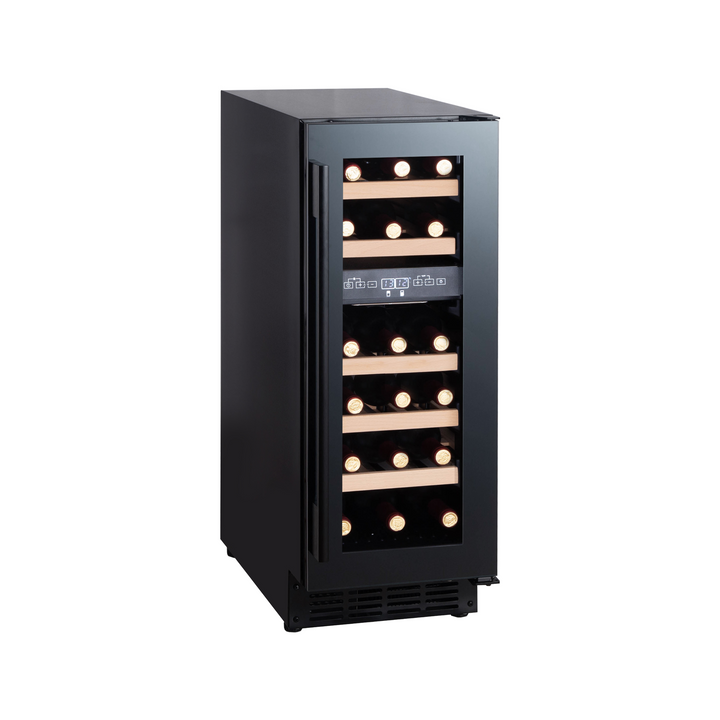 The side view of 1.9 Cu Ft Black Standard Dual Zone Slimline Wine Fridge 18 Bottles