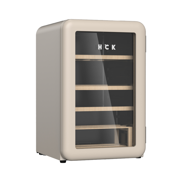 Side view of a 2.5 Cu Ft Warm Grey Iconic Retro Style Wine Fridge with transparent door. The content of the fridge can be seen through the door