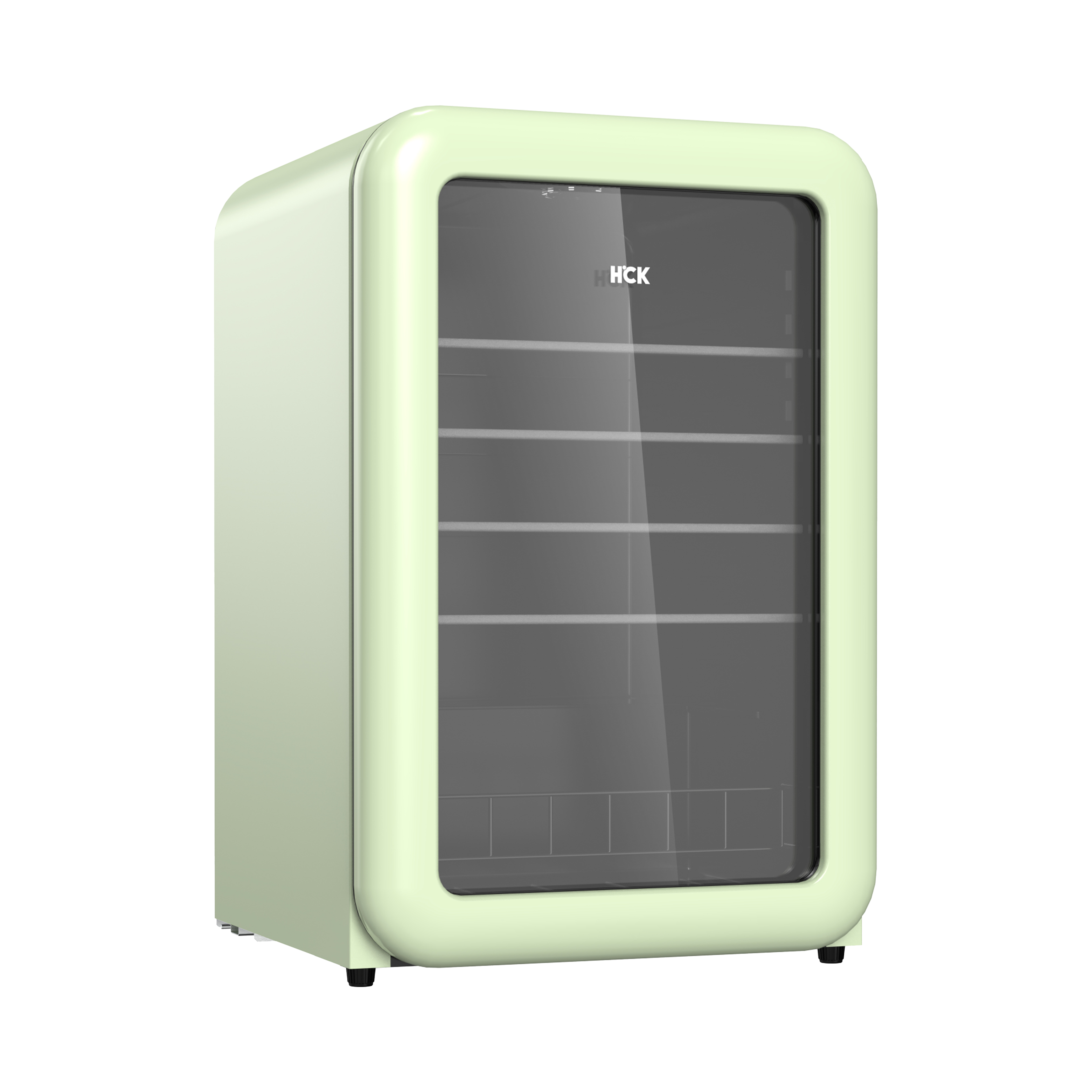 Side view of a 4.1 Cu Ft Mint Green Iconic Retro Style Beverage Fridge with a transparent door. The contents of the fridge can be seen through the door