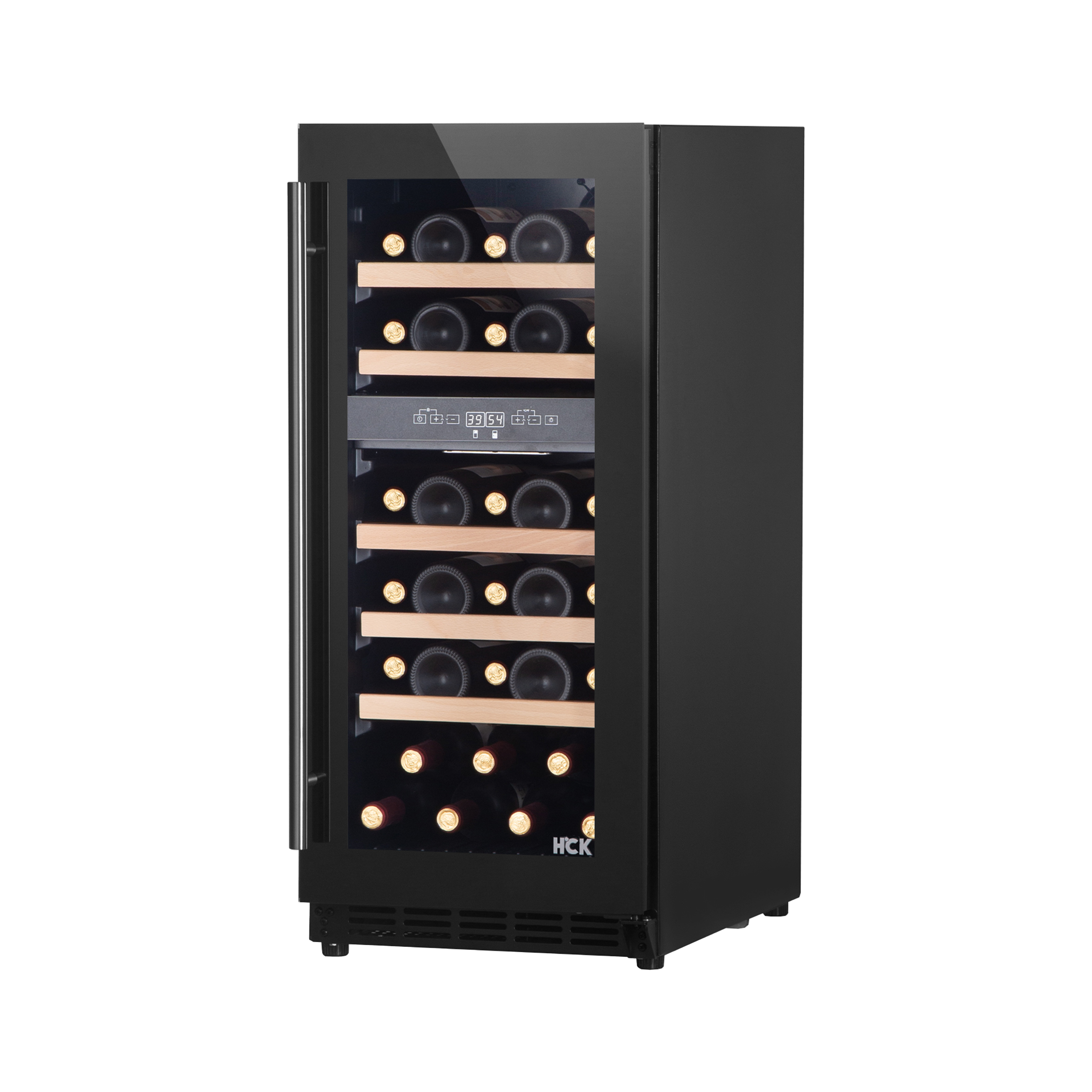 Side view of a 2.9 Cu Ft Freestanding Dual Zone Wine Cooler 29 bottles with transparent door. The content of the fridge can be seen through the door