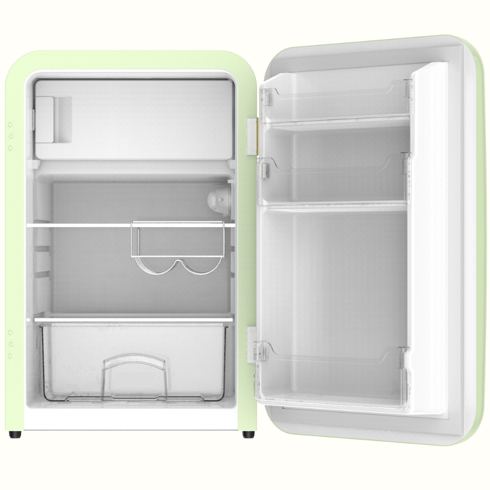 Front view of a 3.8 Cu Ft Beverage Retro Fridge With Freezer Box with the door open, showcasing interior space with two glass shelves and a transparent drawer