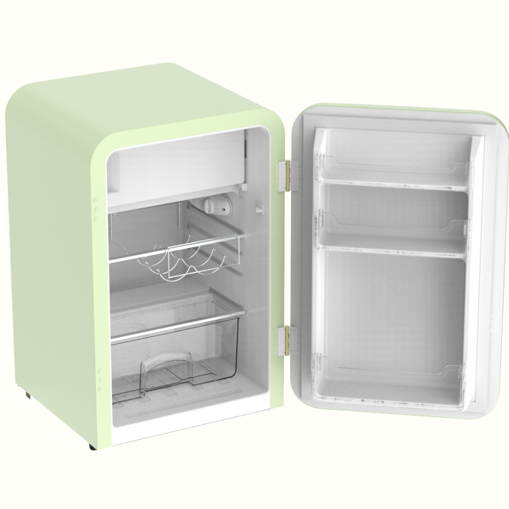 Side view of a 3.8 Cu Ft Beverage Retro Fridge With Freezer Box with the door open, showcasing interior space with two glass shelves and a transparent drawer