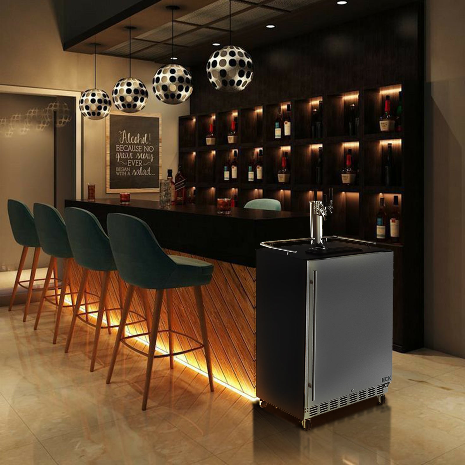 Side view of a bar setup with a 6.04 Cu Ft Undercounter Kegerator Outdoor Beverage Fridge installed beside the table. In the background is a wine shelf displaying various bottles of wine