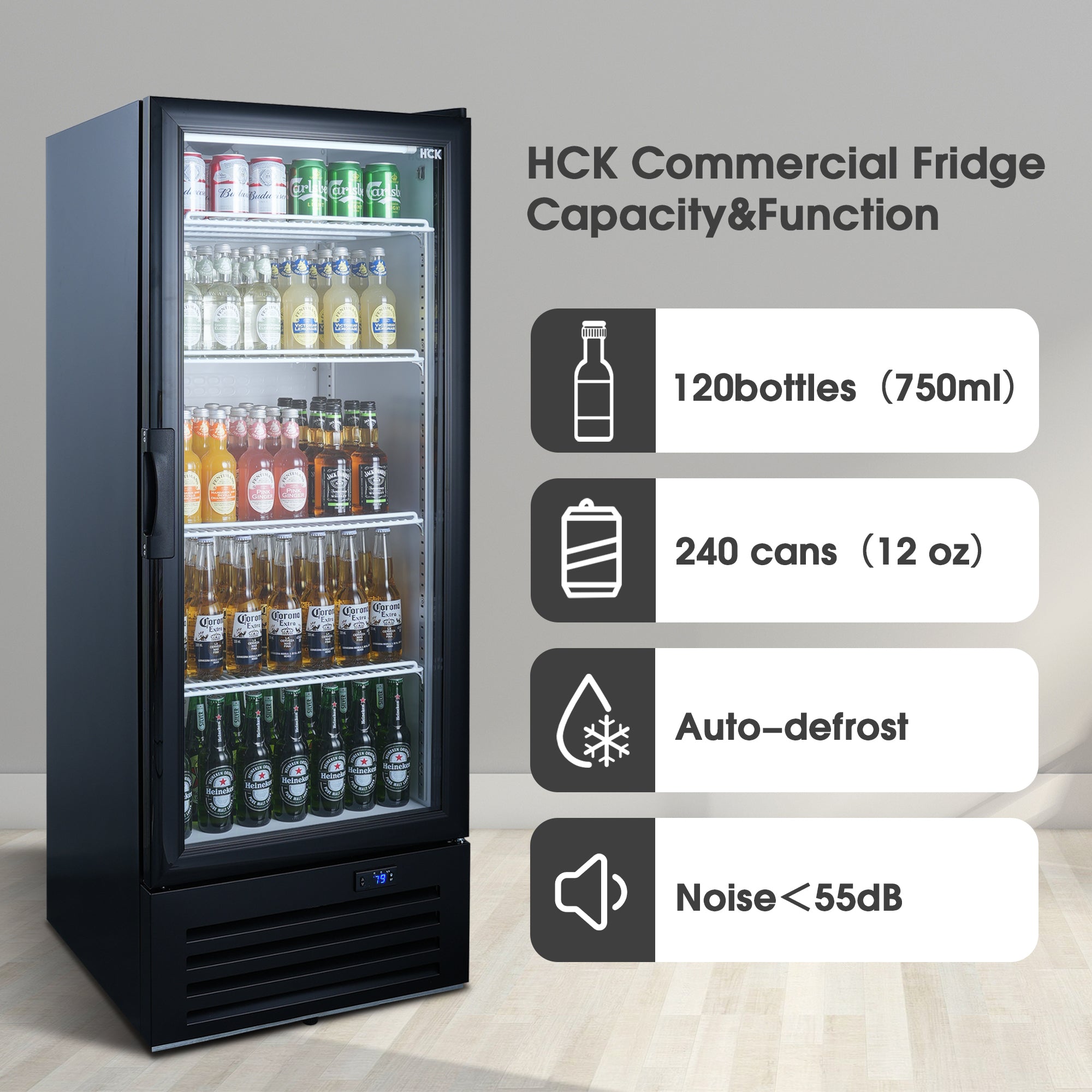 Side view of a 10 Cu Ft Single Zone Compact Beverage Fridge with accompanying icons and feature descriptions