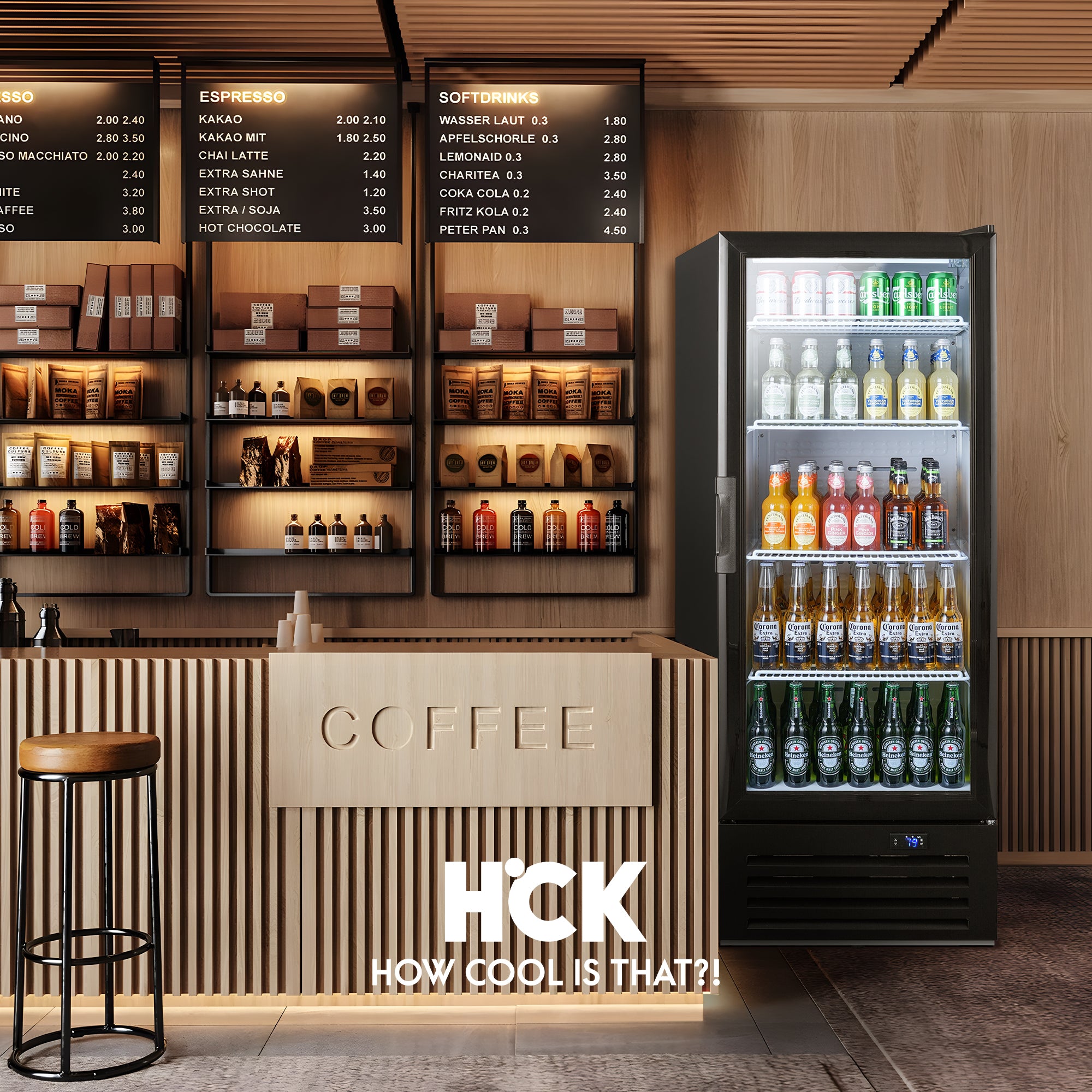 10 Cu Ft Single Zone Compact Beverage Fridge is placed in the coffee shop space