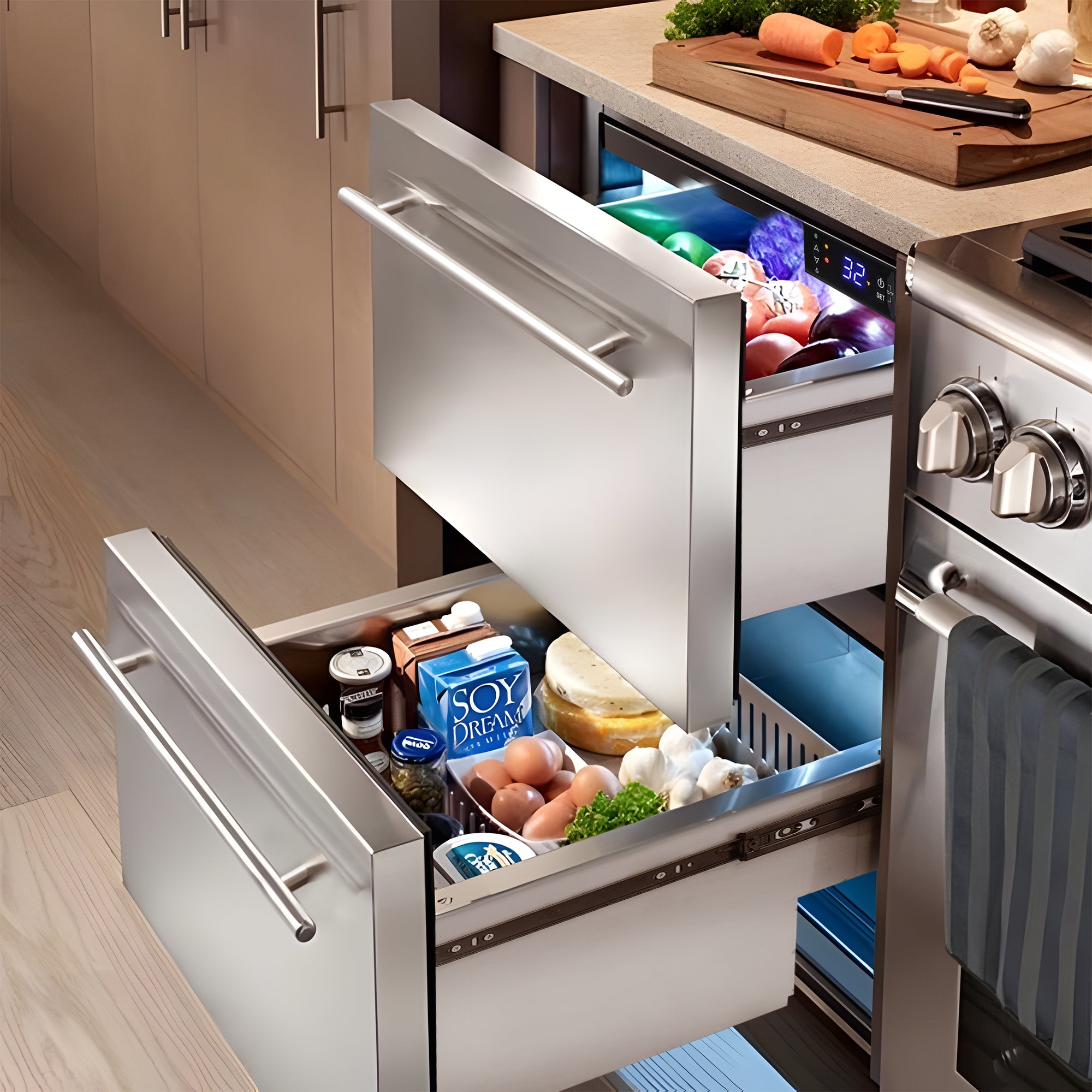 Side view of a 5.12 Cu Ft Outdoor Refrigerator with Drawer Design 160 cans installed in a kitchen setup. The pulled-out drawers reveal food and beverages stored inside, accompanied by a digital temperature control panel