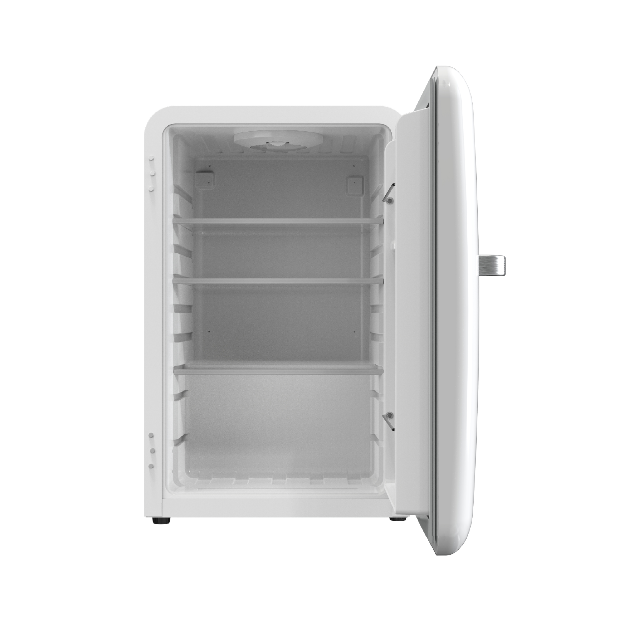 Front view of a 2.5 Cu Ft White Iconic Beverage Retro Fridge with the door open, showcasing interior space featuring 3 glass shelves