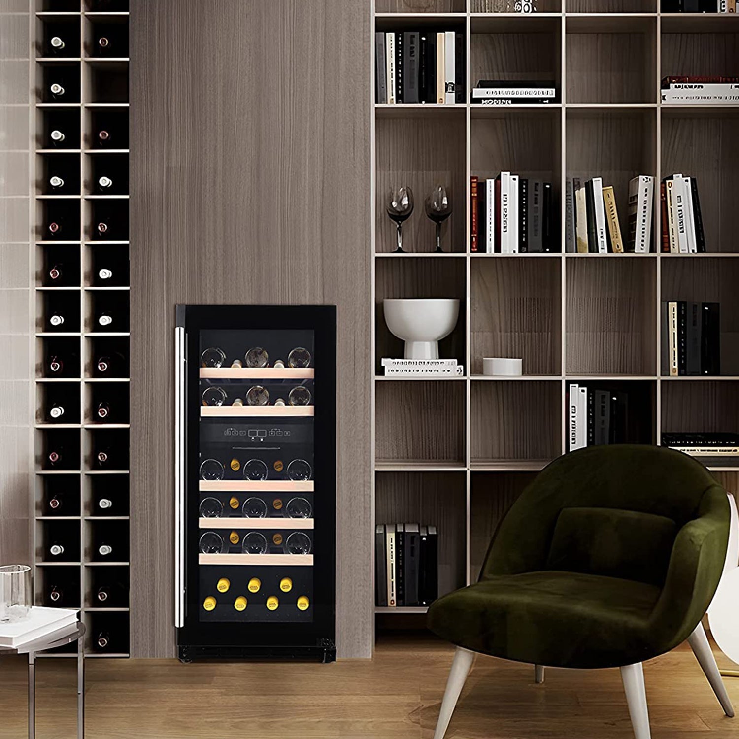 Front view of a wine storage room with a 2.9 Cu Ft Freestanding Dual Zone Wine Cooler installed beside a bookshelf and a chair