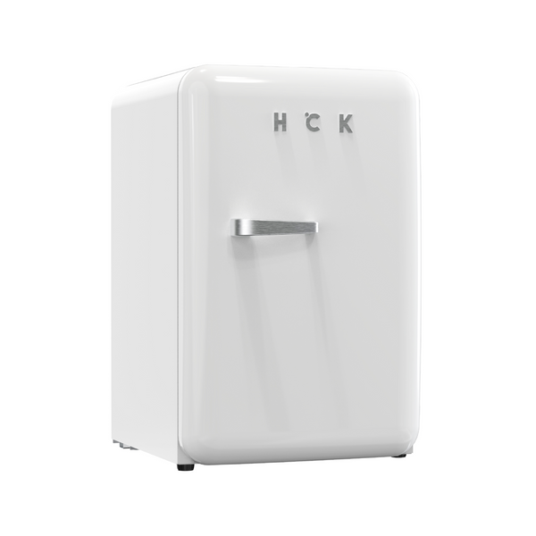 Side view of a 2.5 Cu Ft White Iconic Beverage Retro Fridge